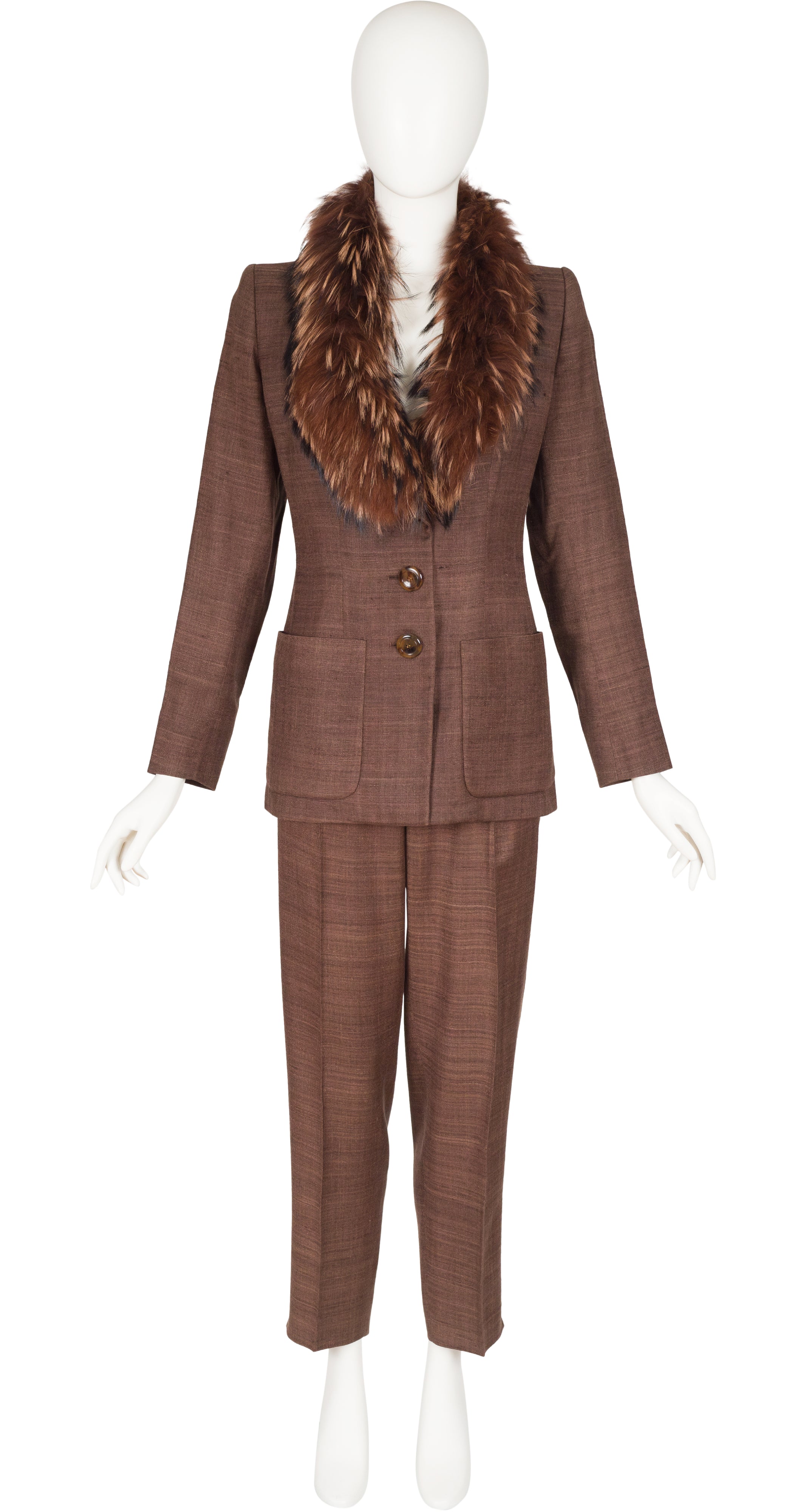 1990s Silk & Linen Brown Fur Collared Pant Suit
