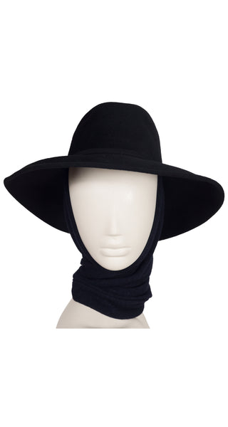 Adolfo 1970s Black Wool Felt Wide Brim Scarf Hat  display picture 2