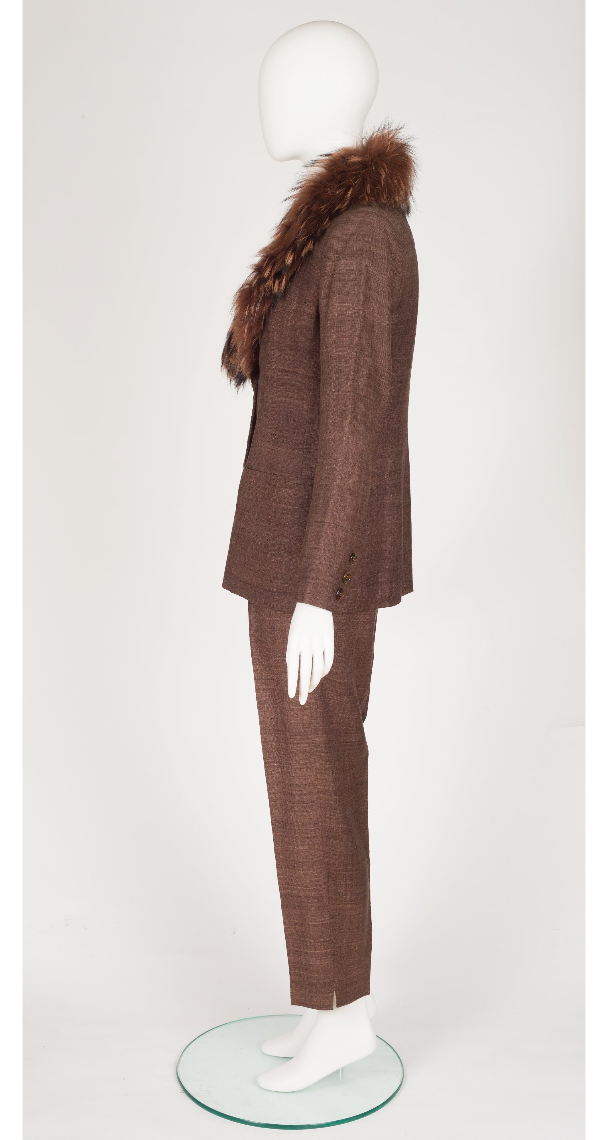 1990s Silk & Linen Brown Fur Collared Pant Suit