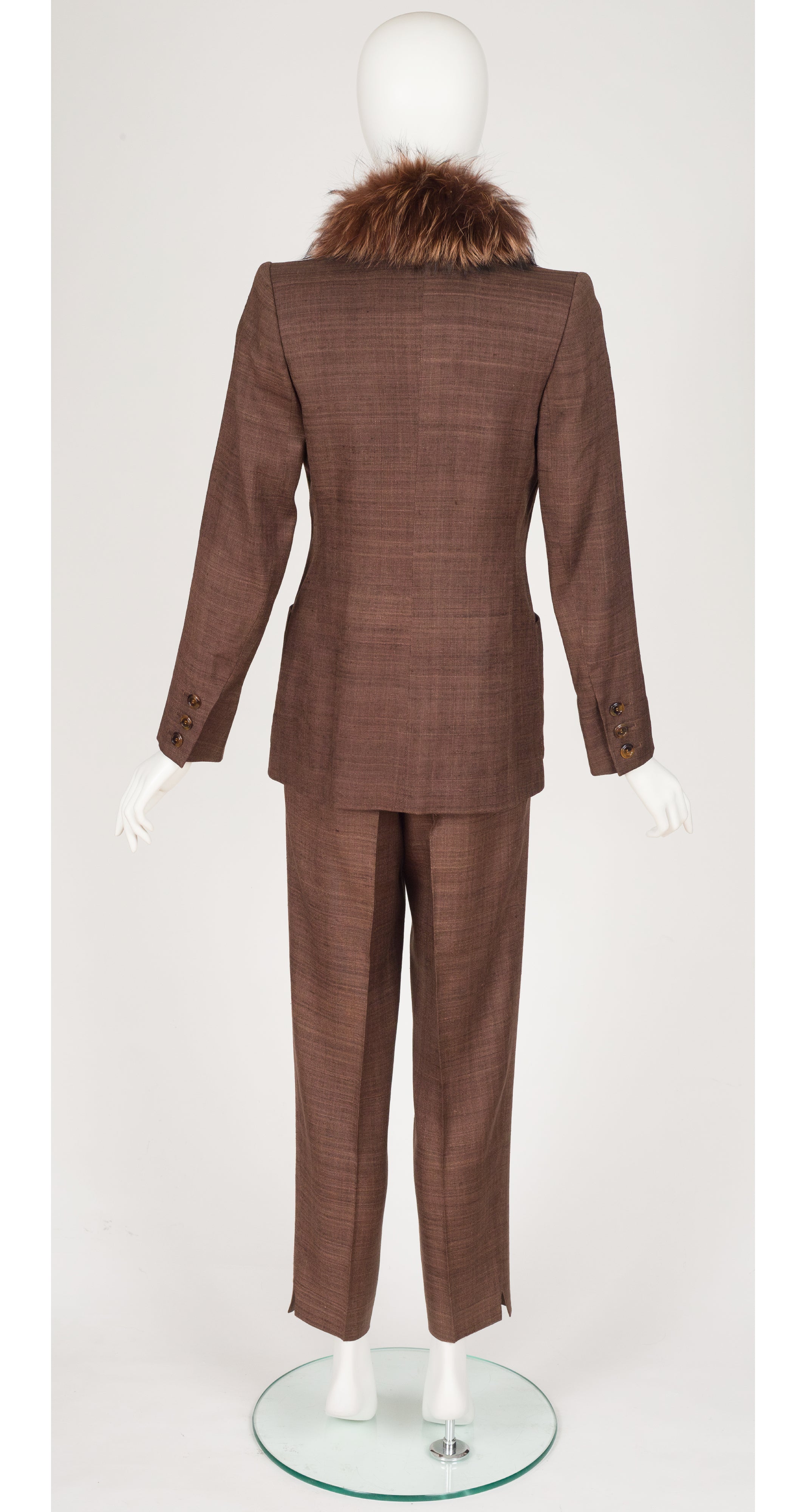 1990s Silk & Linen Brown Fur Collared Pant Suit