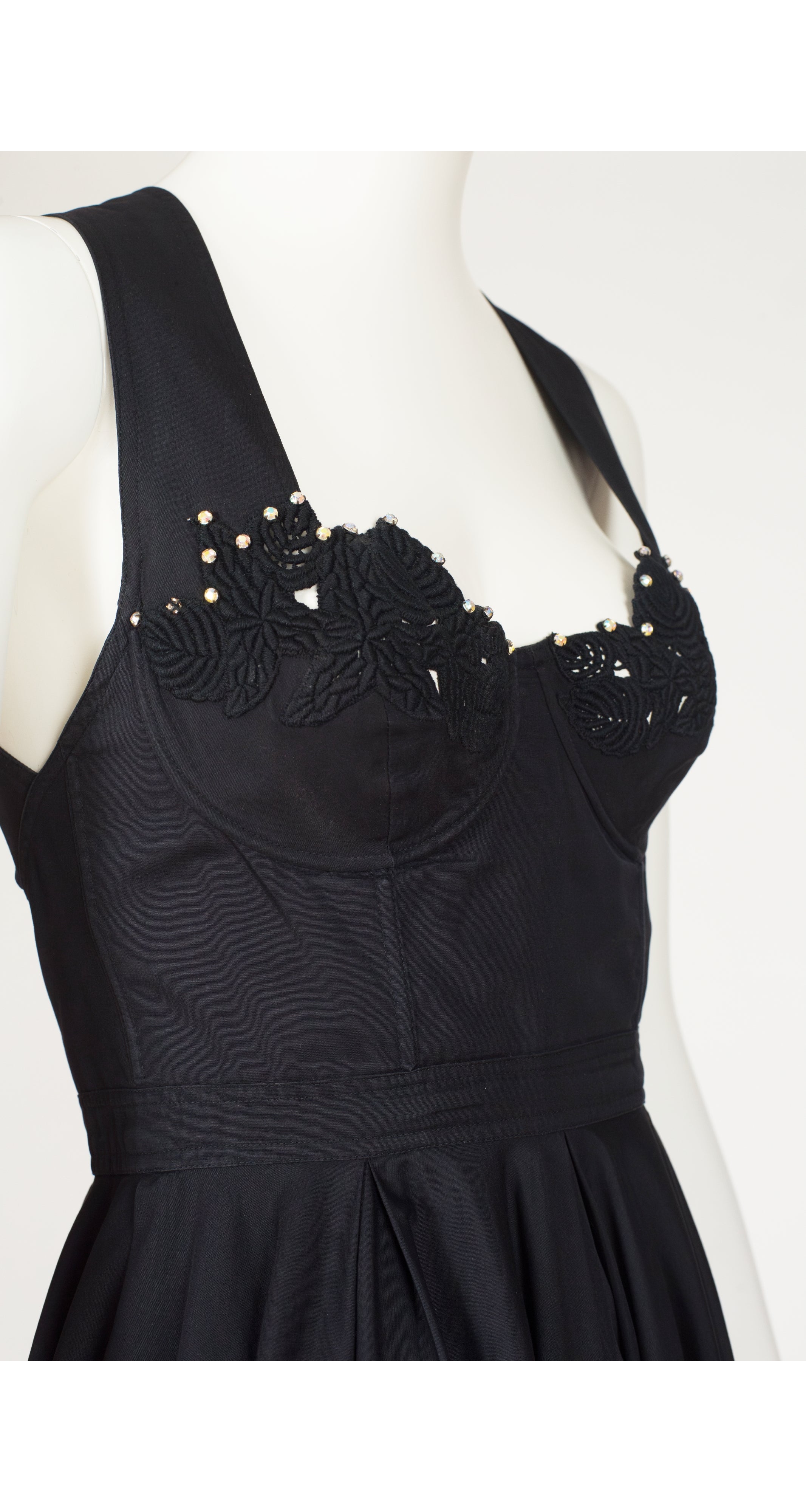 1991 S/S Leaf Bustier Black Cotton Party Dress