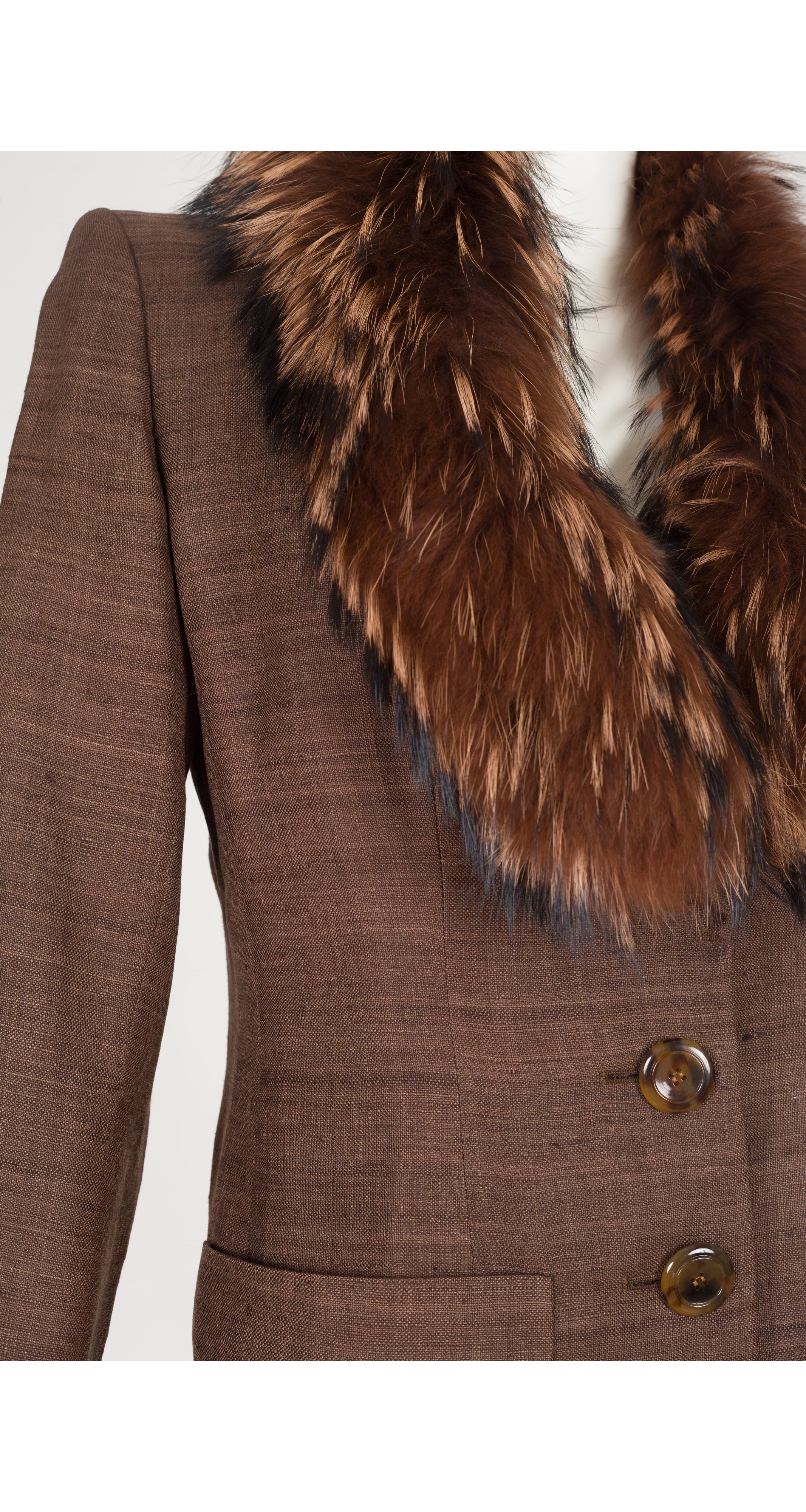 1990s Silk & Linen Brown Fur Collared Pant Suit