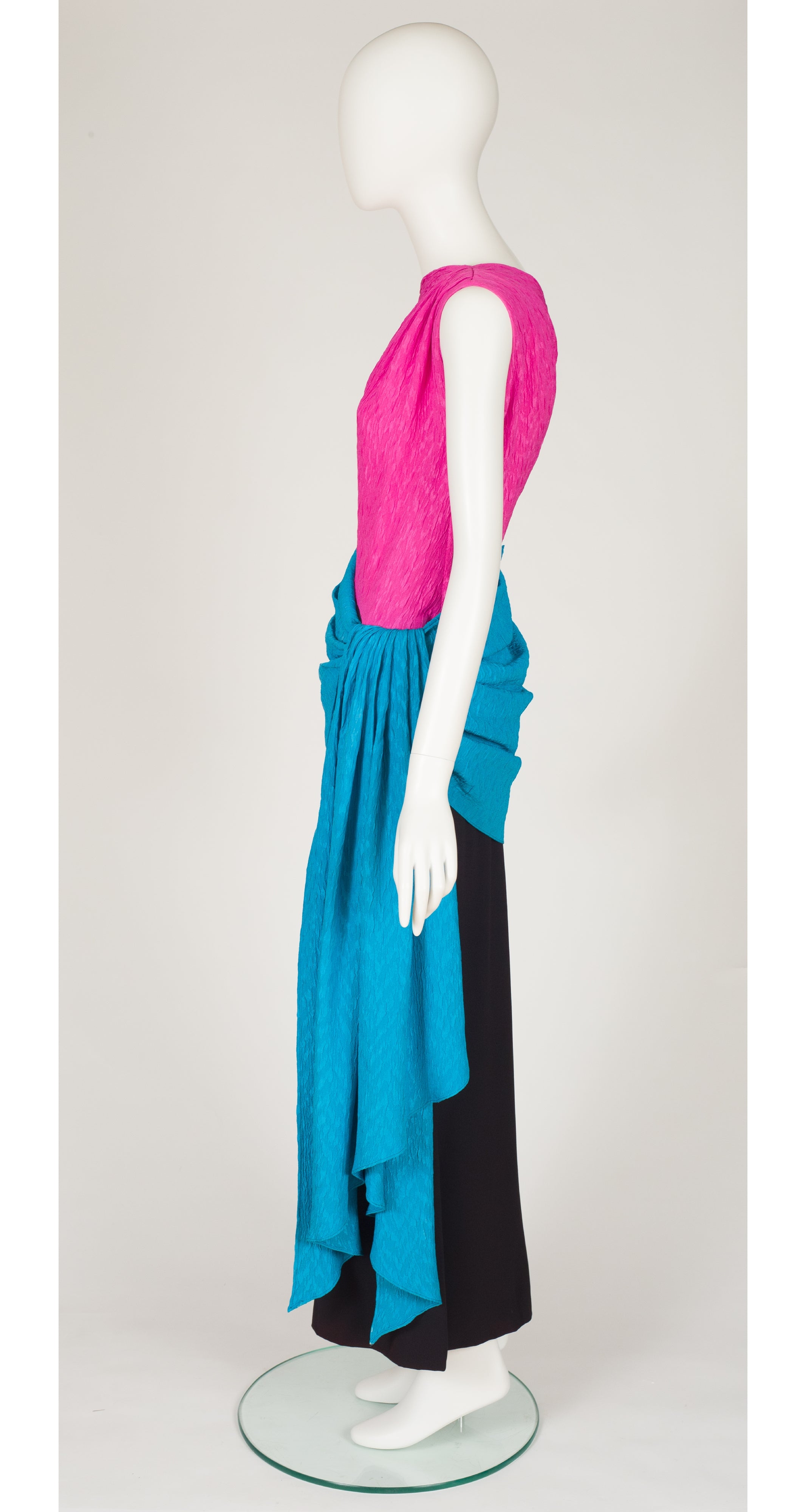 1985 S/S Color-Block Silk One-Shoulder Evening Gown
