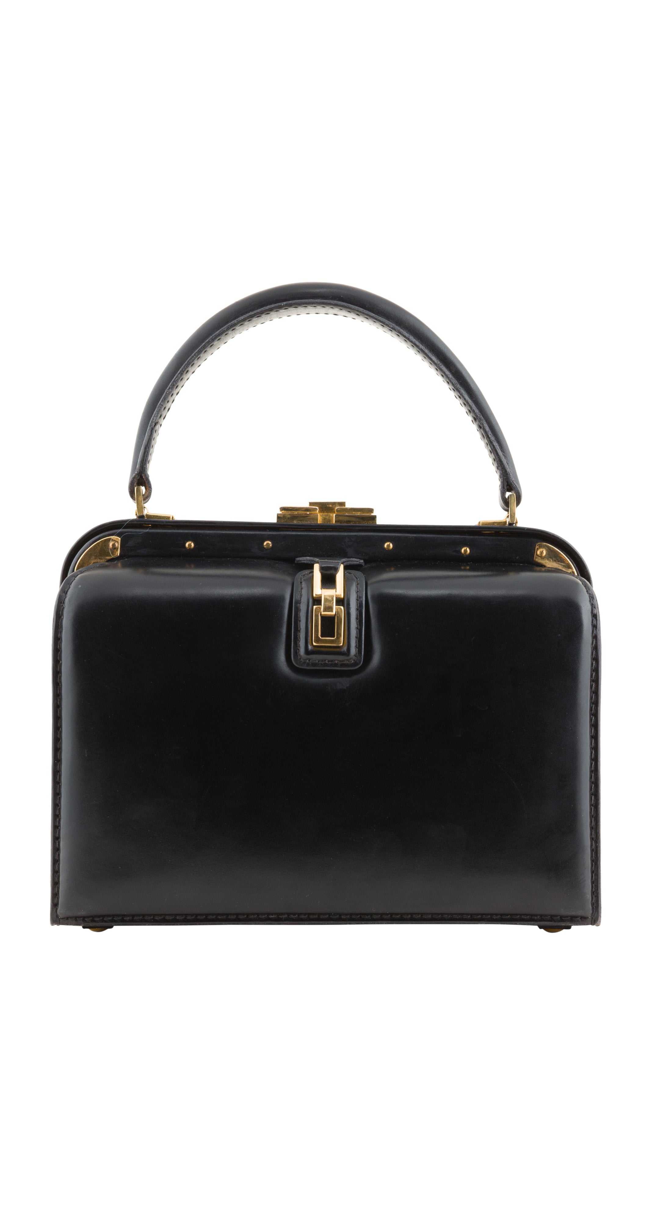 1950s Black Leather & Gold Metal Handbag