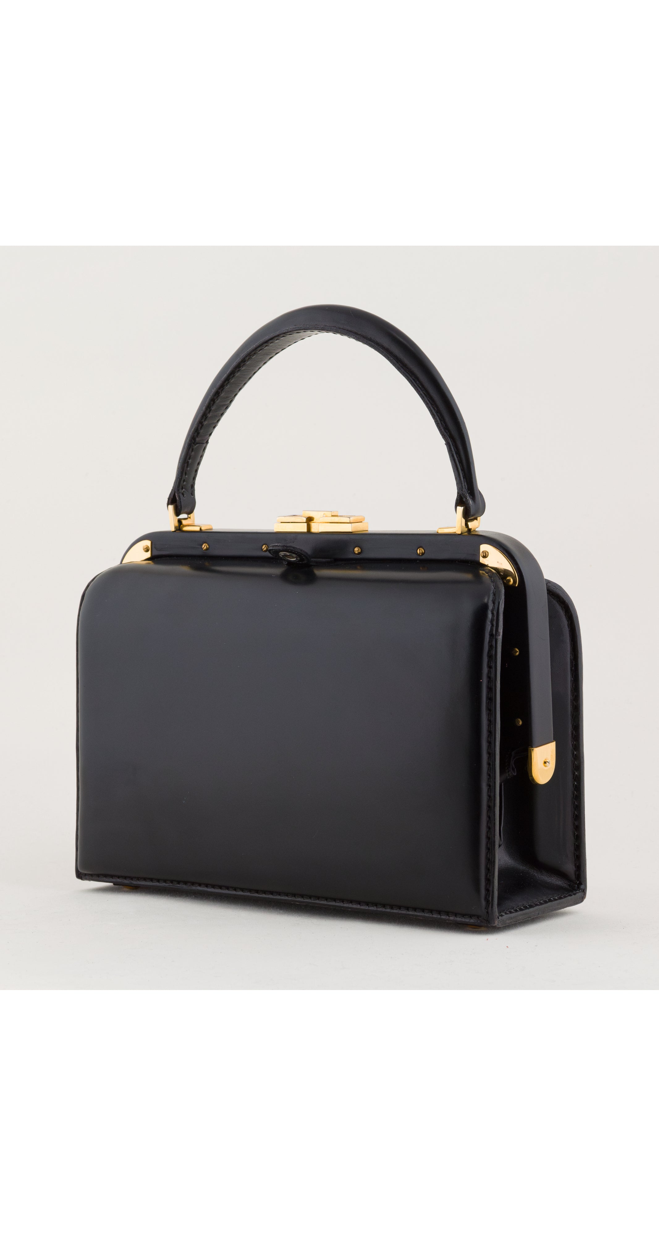 1950s Black Leather & Gold Metal Handbag
