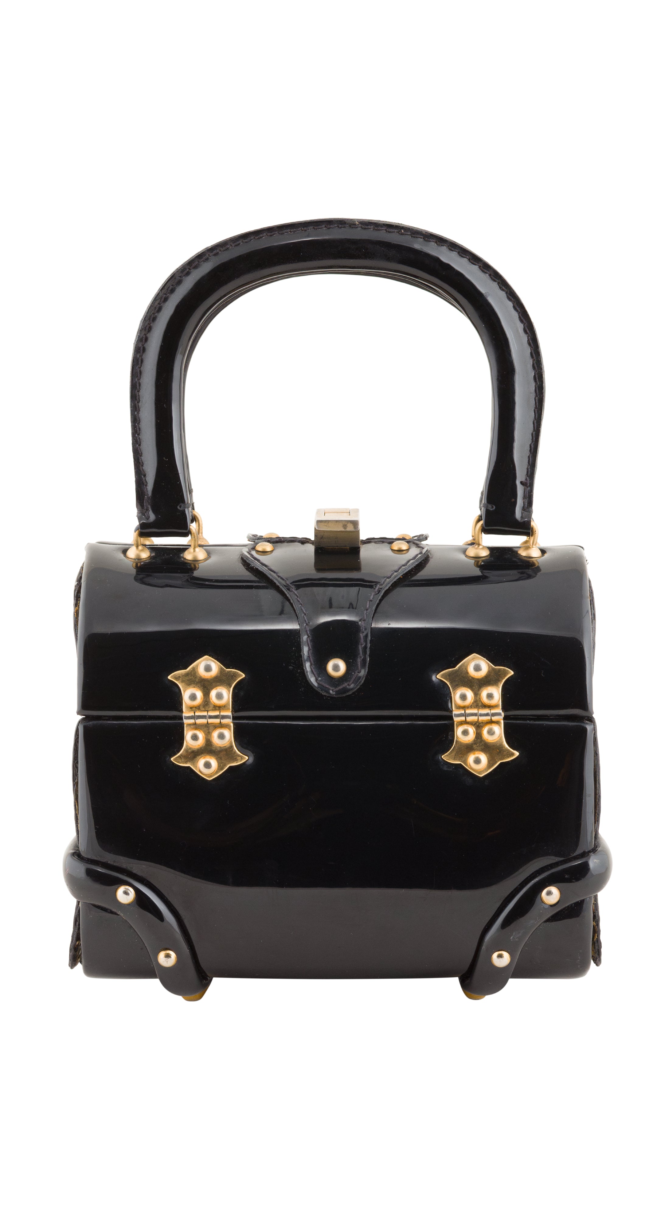 1960s Black Patent Leather Treasure Chest Handbag