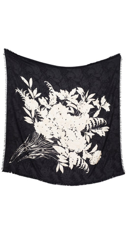 1980s 52" Bouquet Print Black Silk Jacquard Shawl