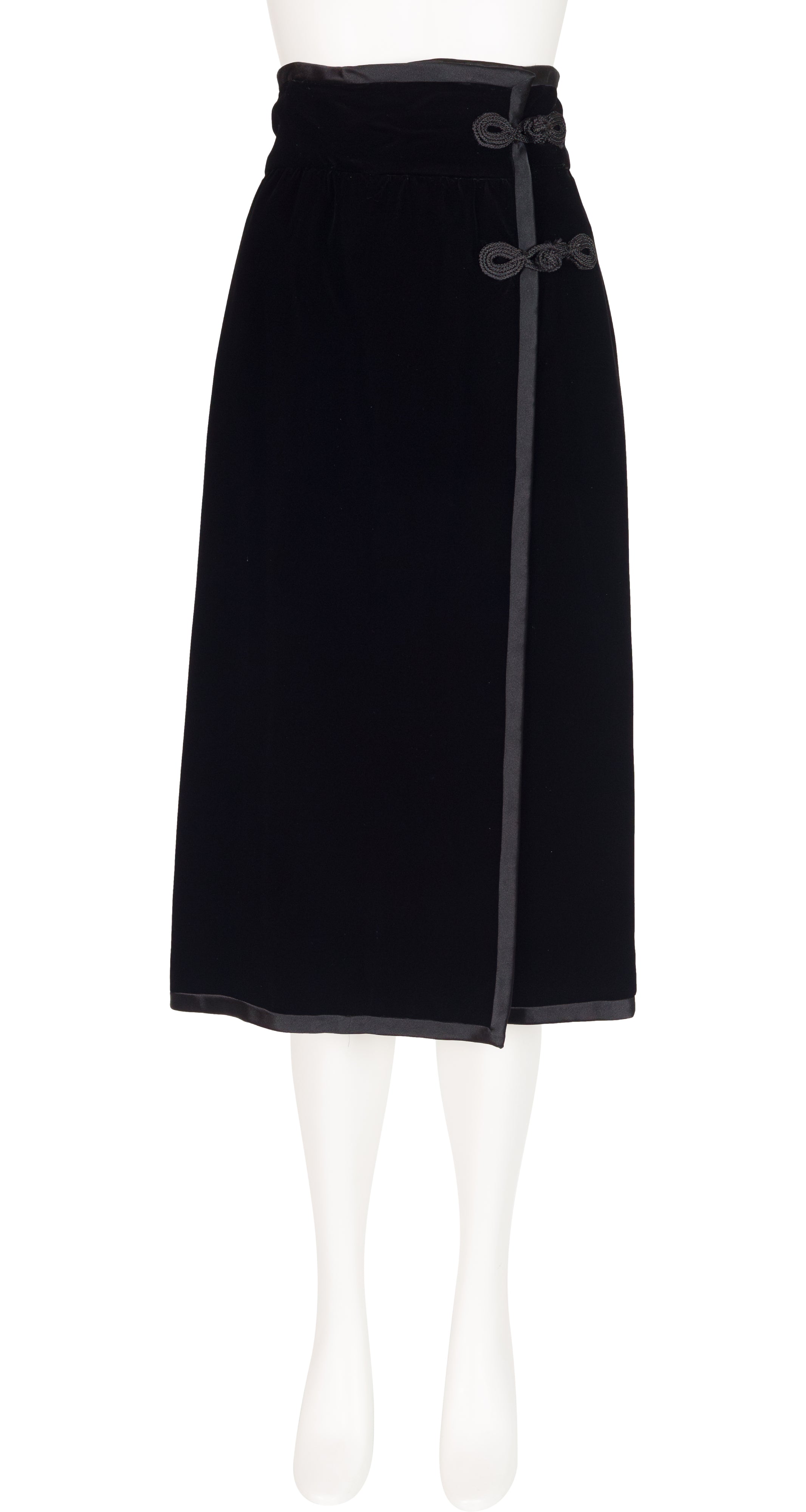 1970s Black Velvet Frog Closure Wrap Midi Skirt