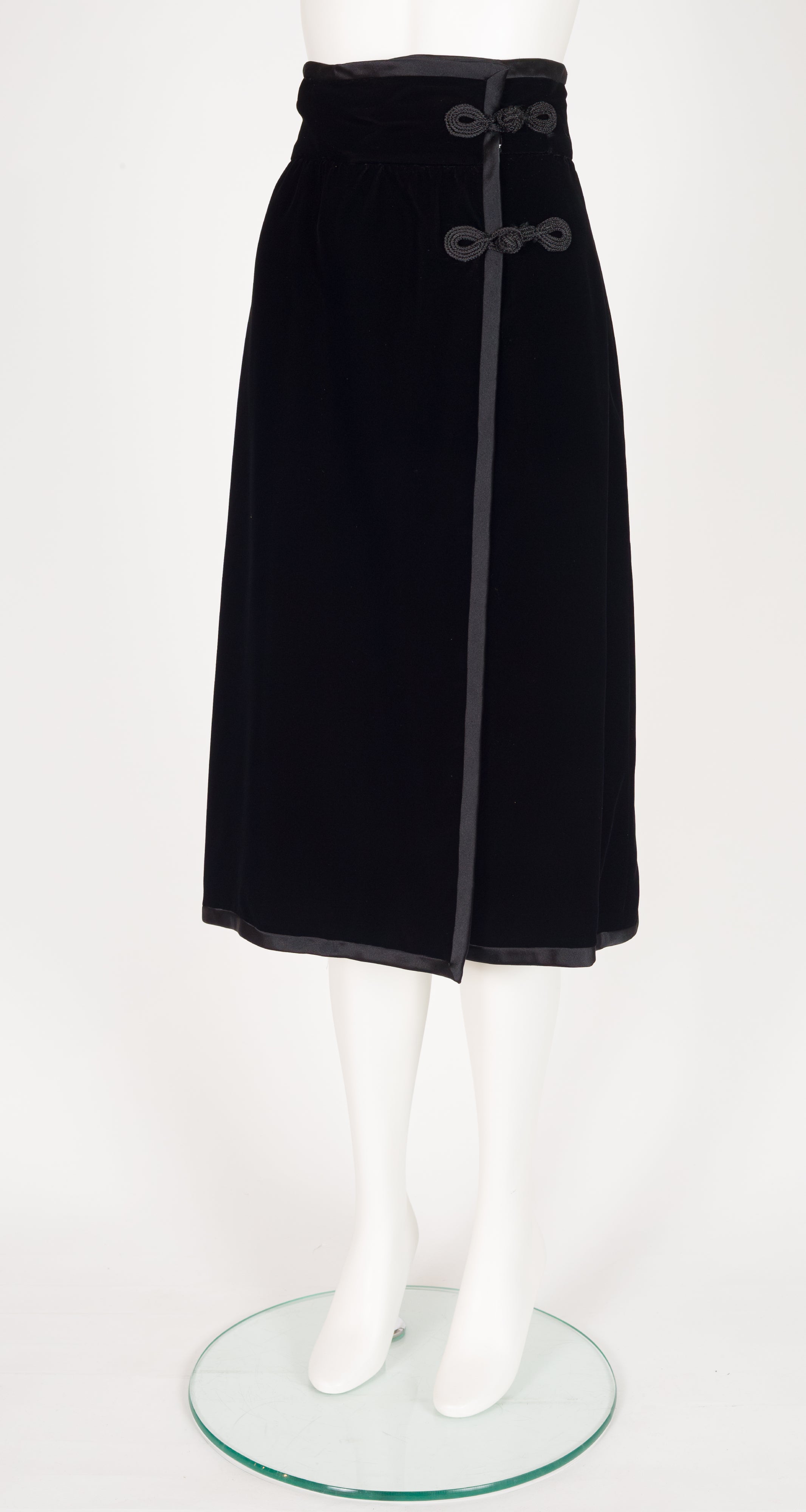 1970s Black Velvet Frog Closure Wrap Midi Skirt