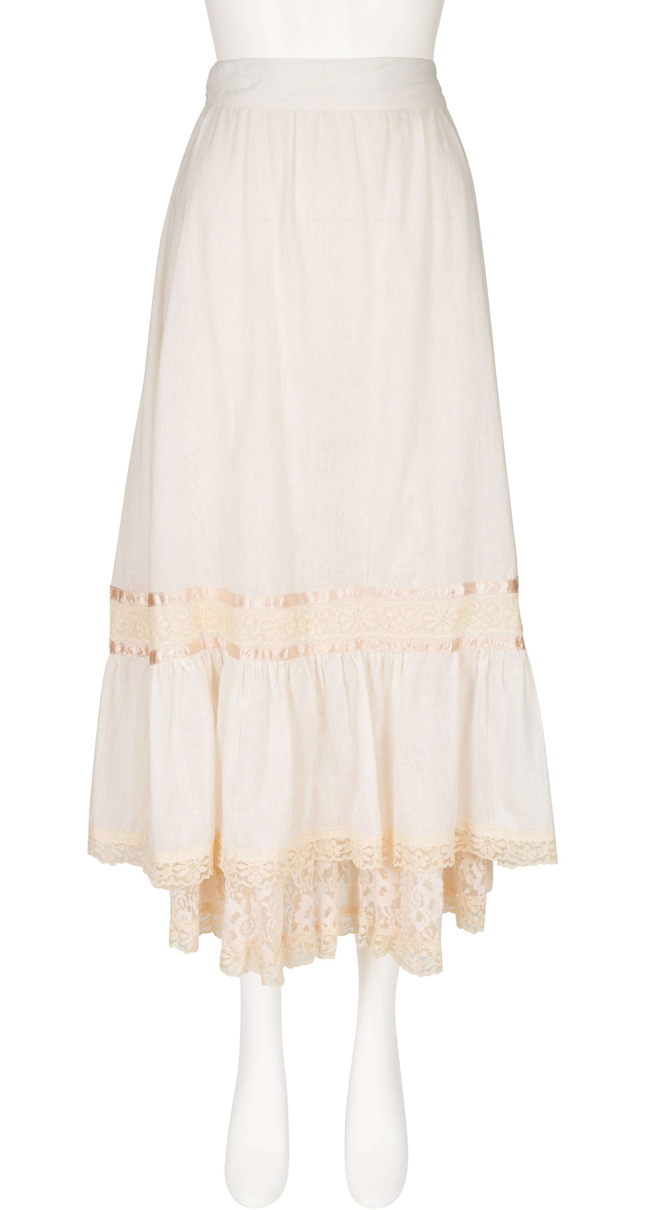 1970s Cream Lace Trim Cotton Tiered Midi Skirt