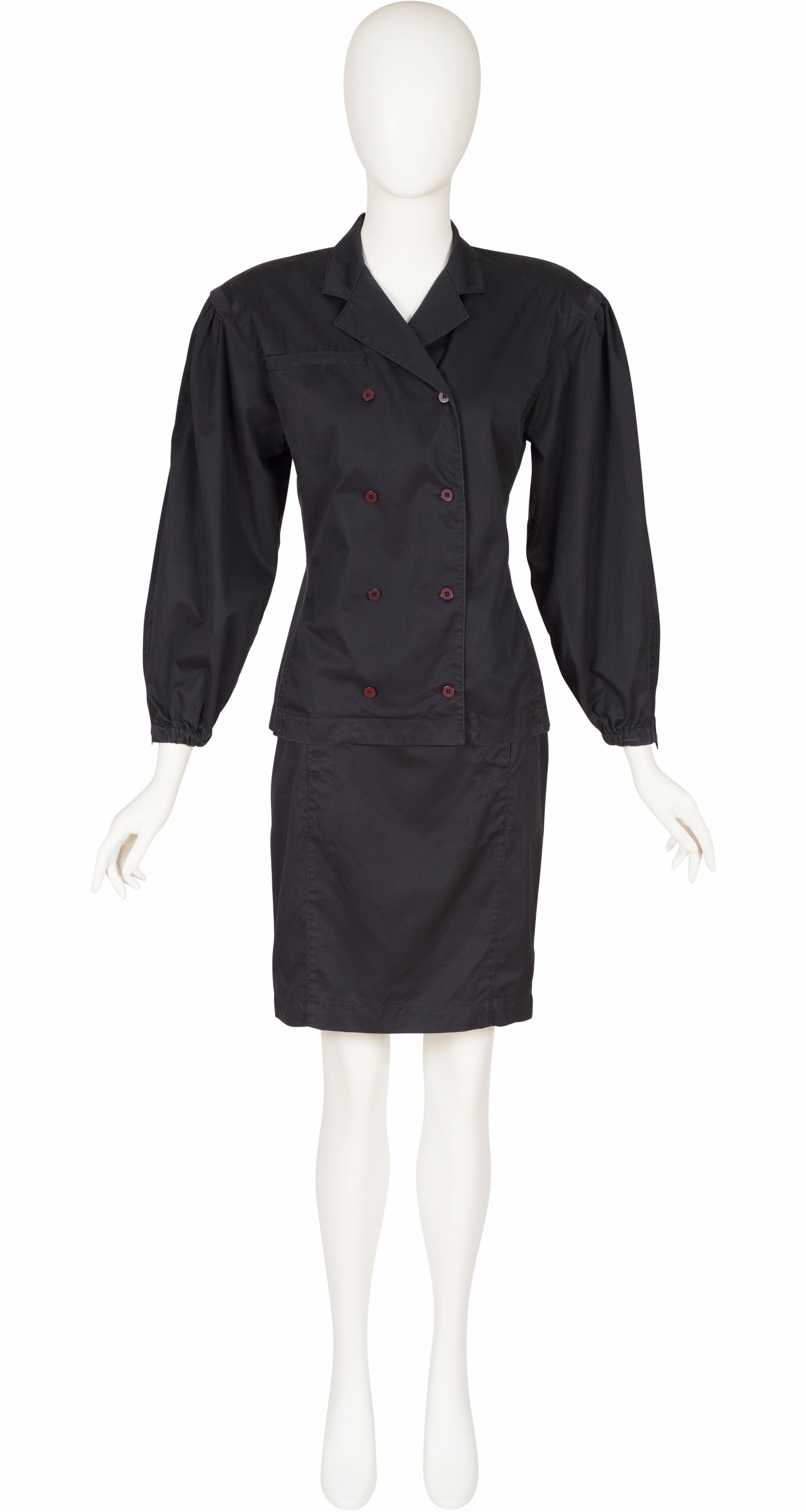 1980s Black Cotton Double-Breasted Skirt Suit