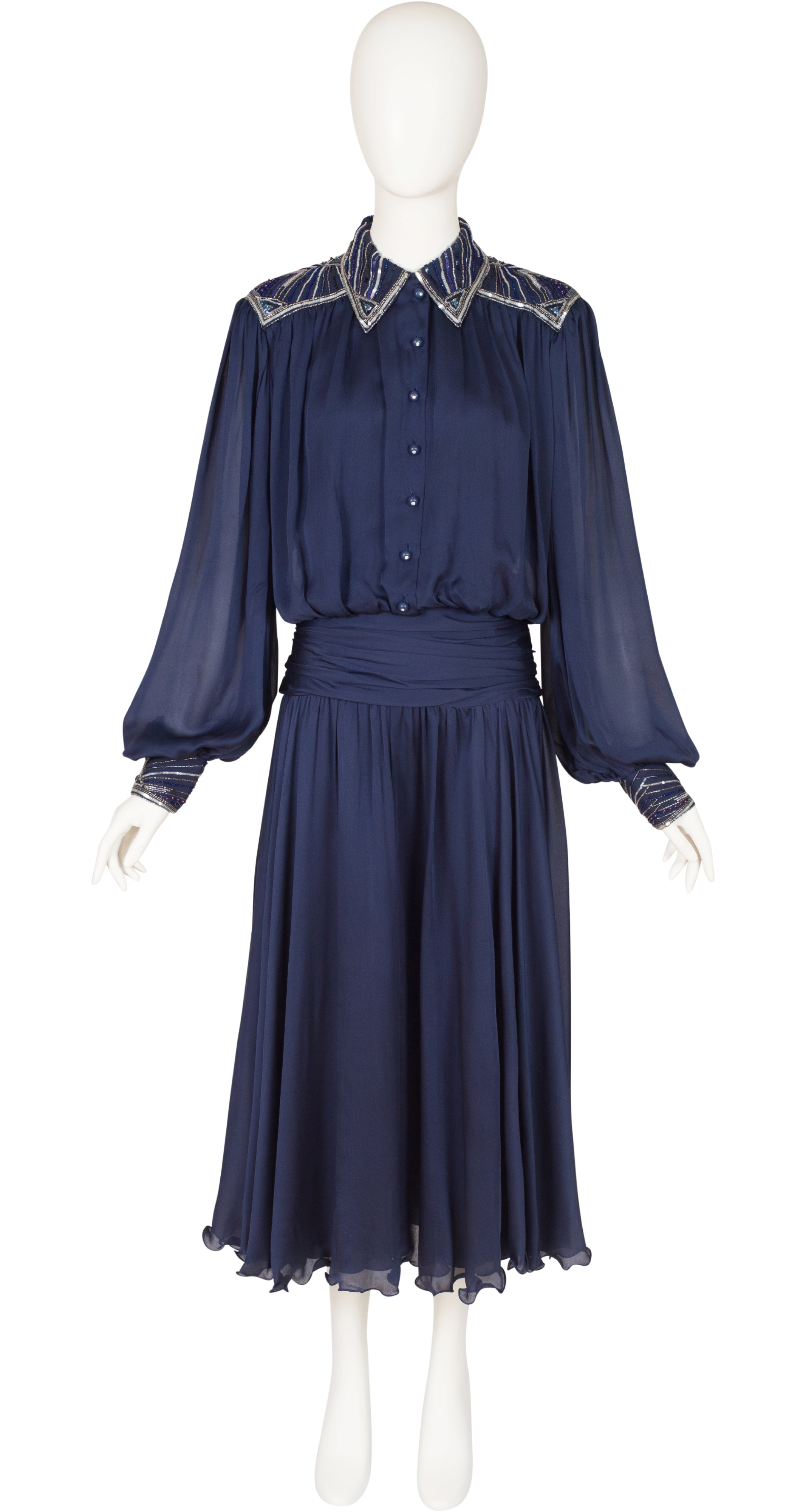 1980s Beaded Navy Silk Chiffon Evening Dress