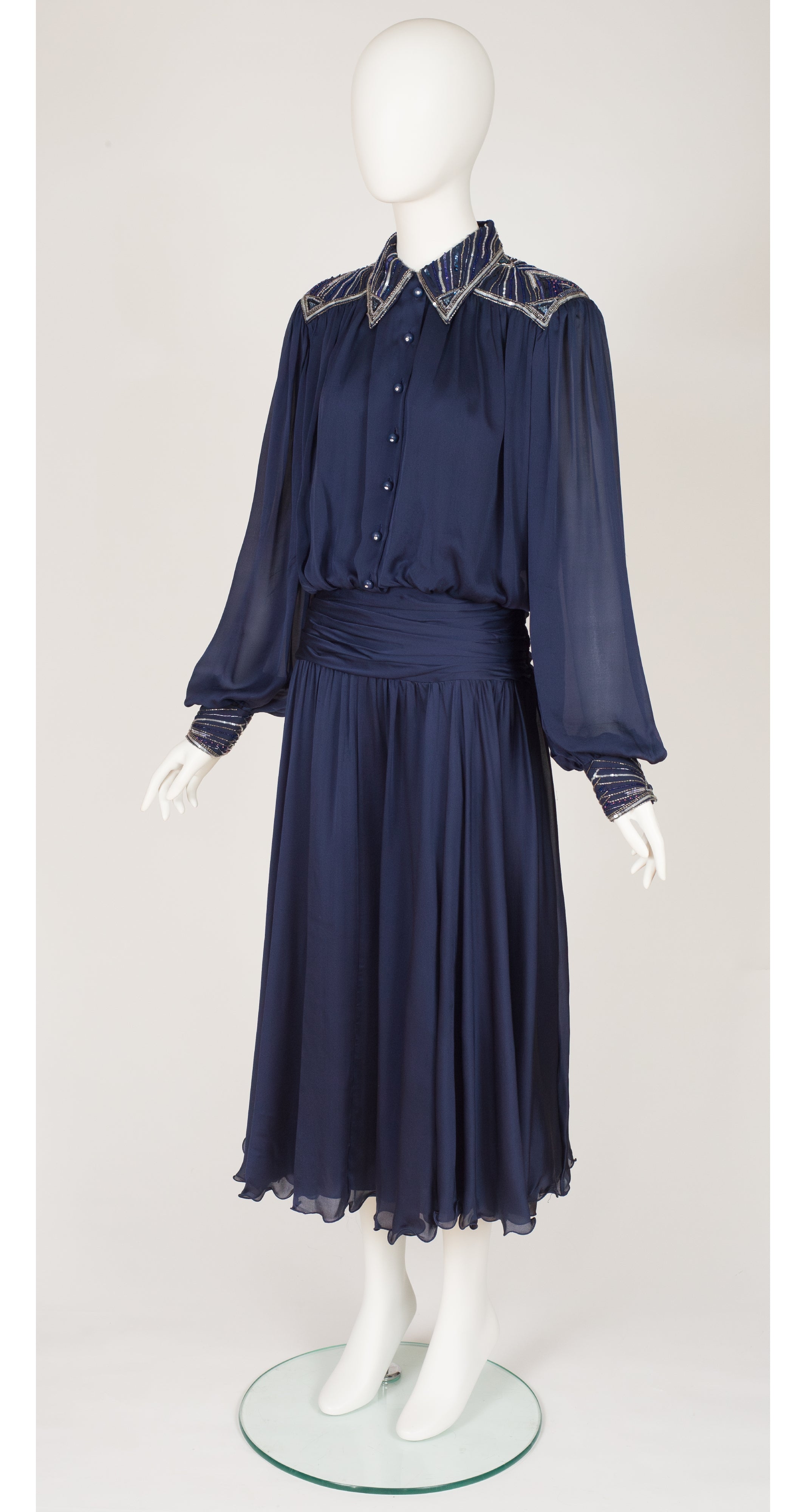 1980s Beaded Navy Silk Chiffon Evening Dress