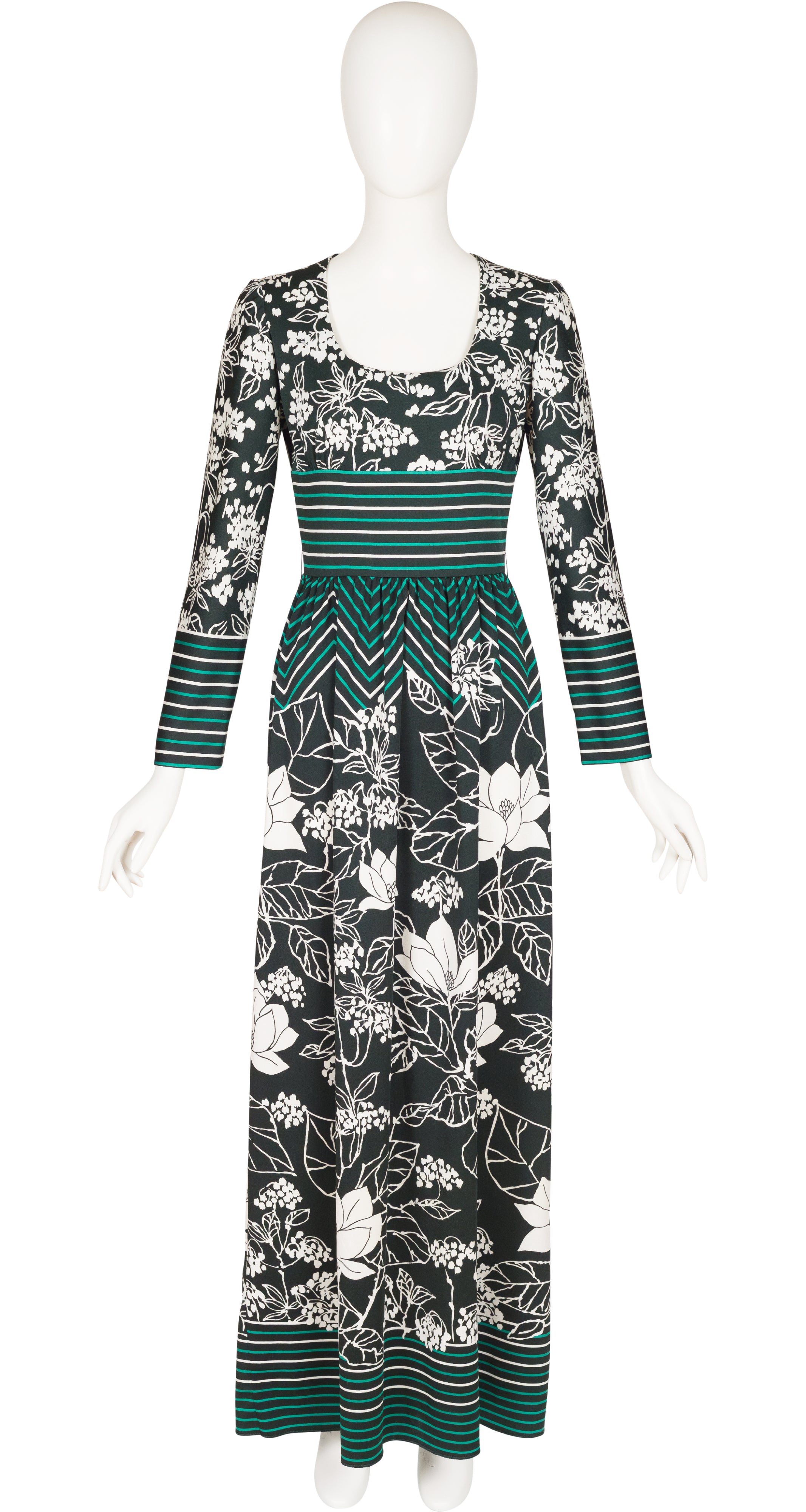 1970s Striped Floral Green Jersey Maxi Dress