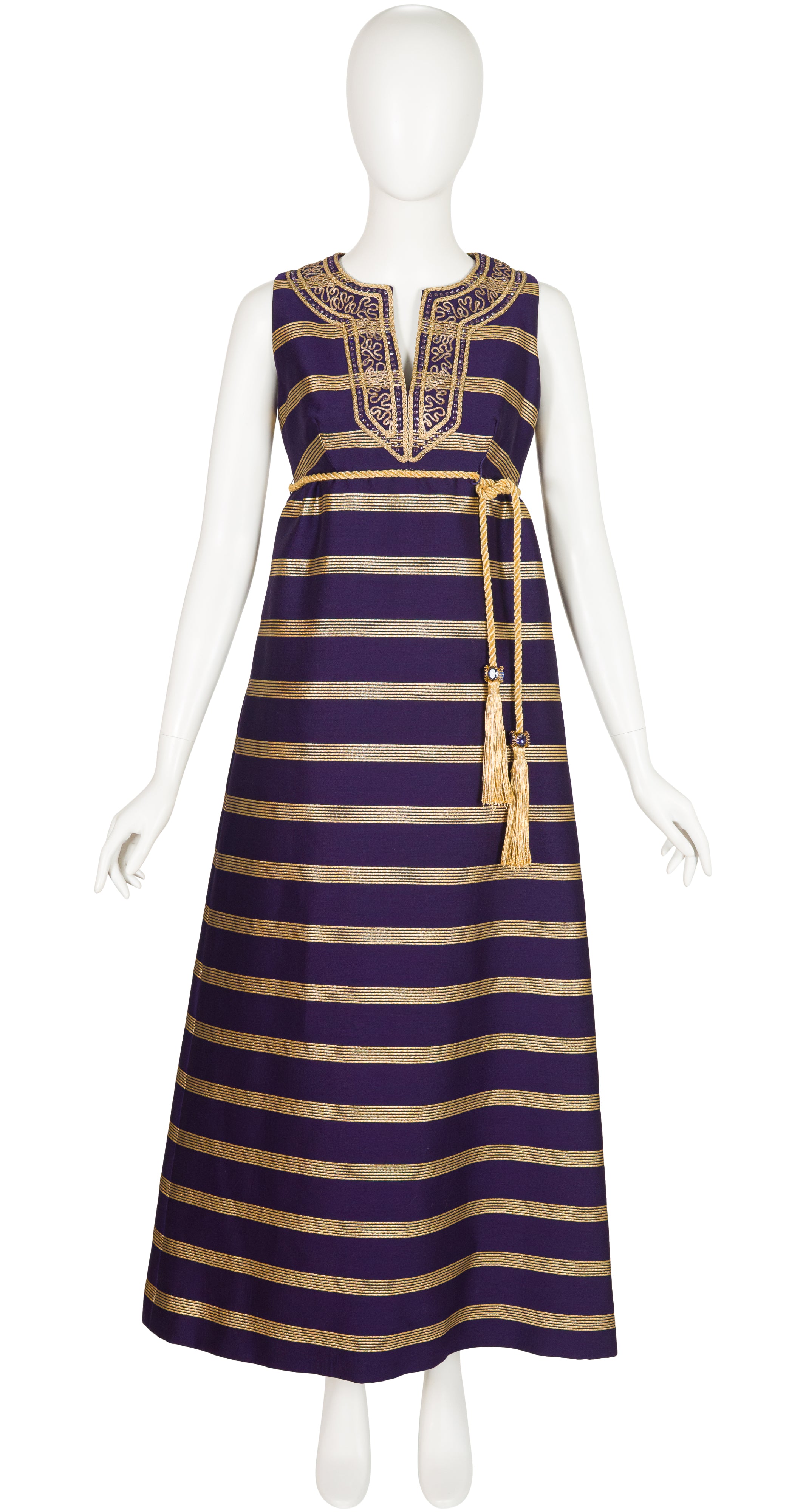 1960s Embellished Purple & Gold Empire Waist Evening Gown