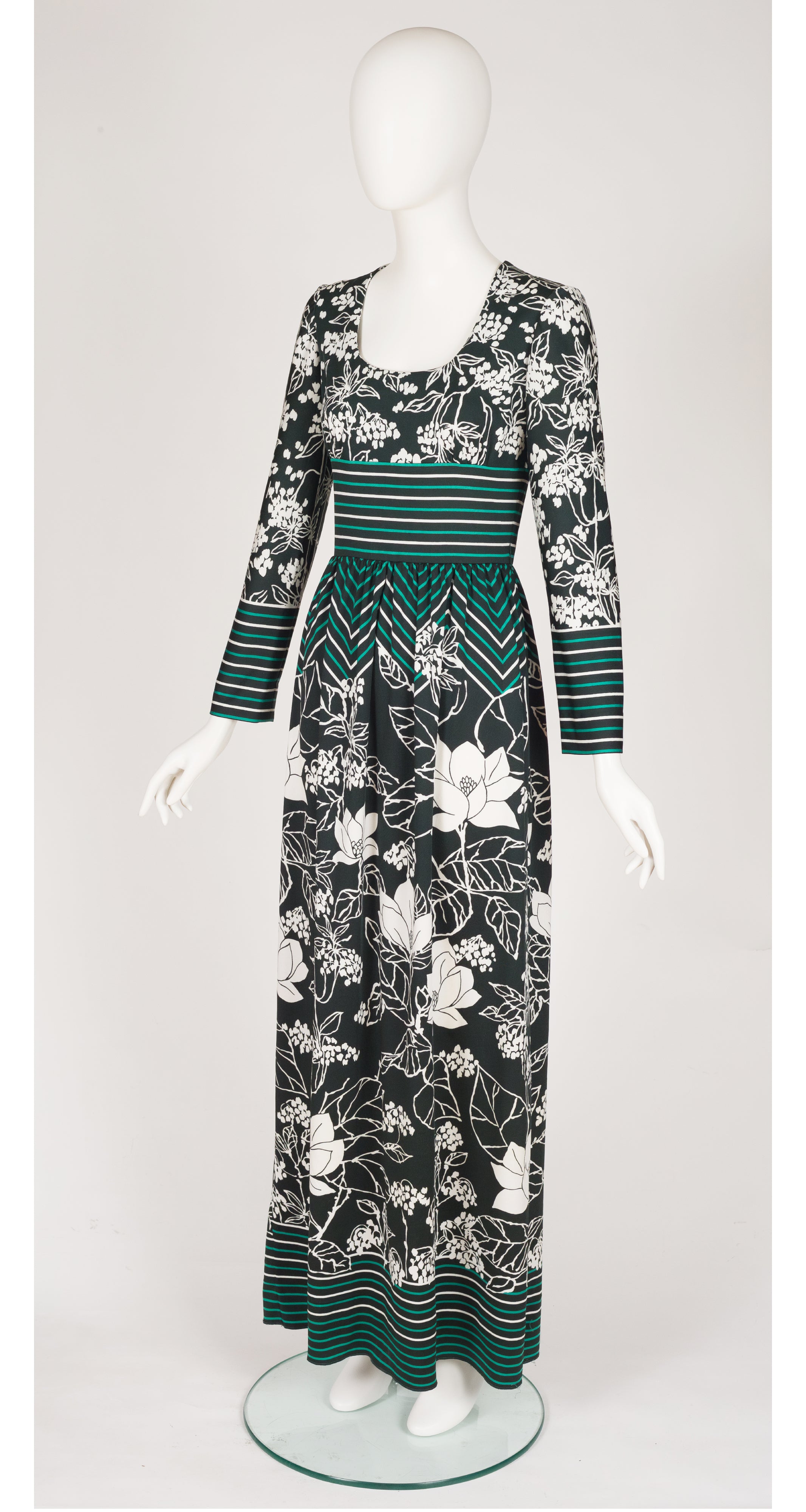 1970s Striped Floral Green Jersey Maxi Dress