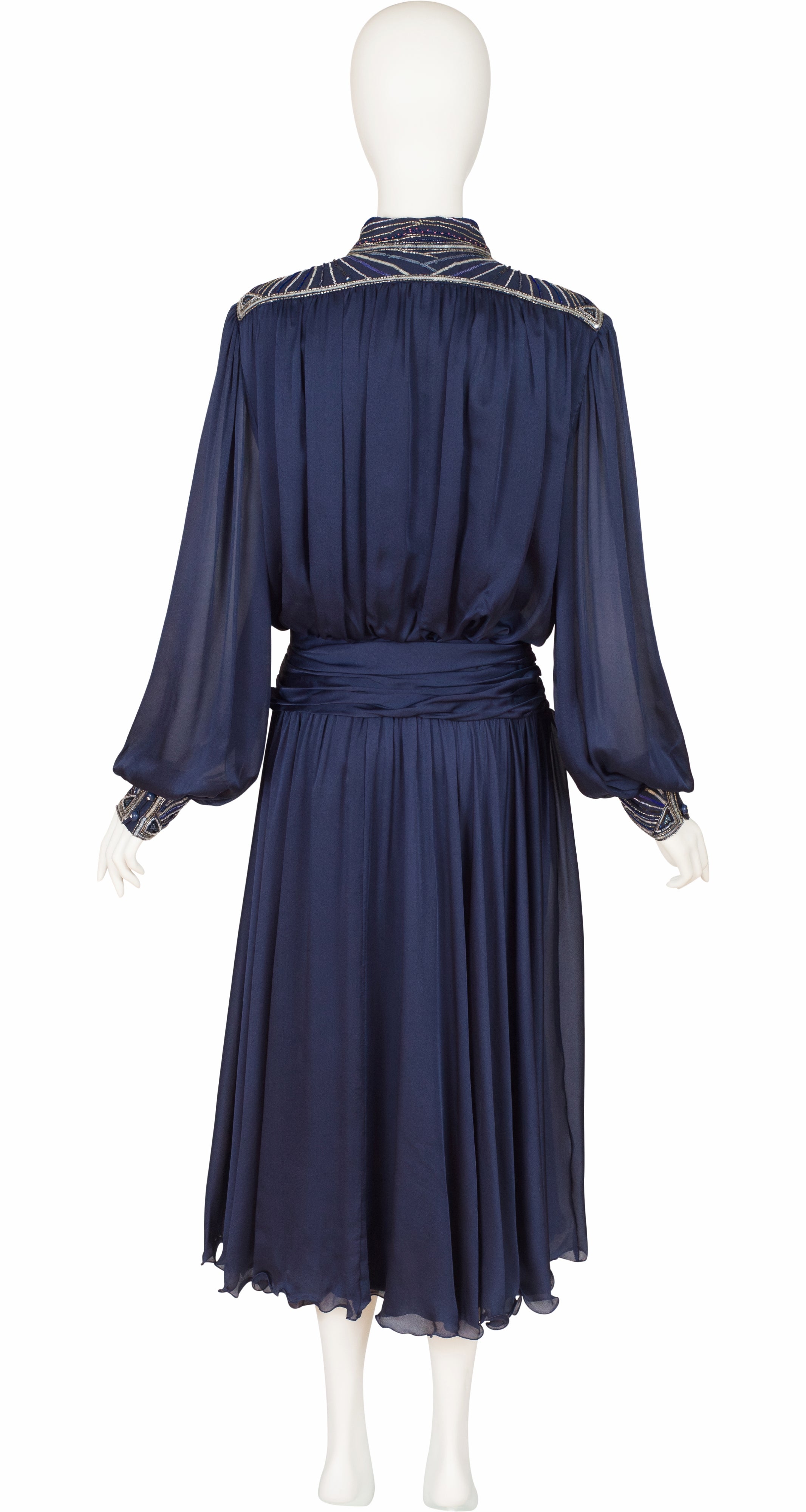 1980s Beaded Navy Silk Chiffon Evening Dress