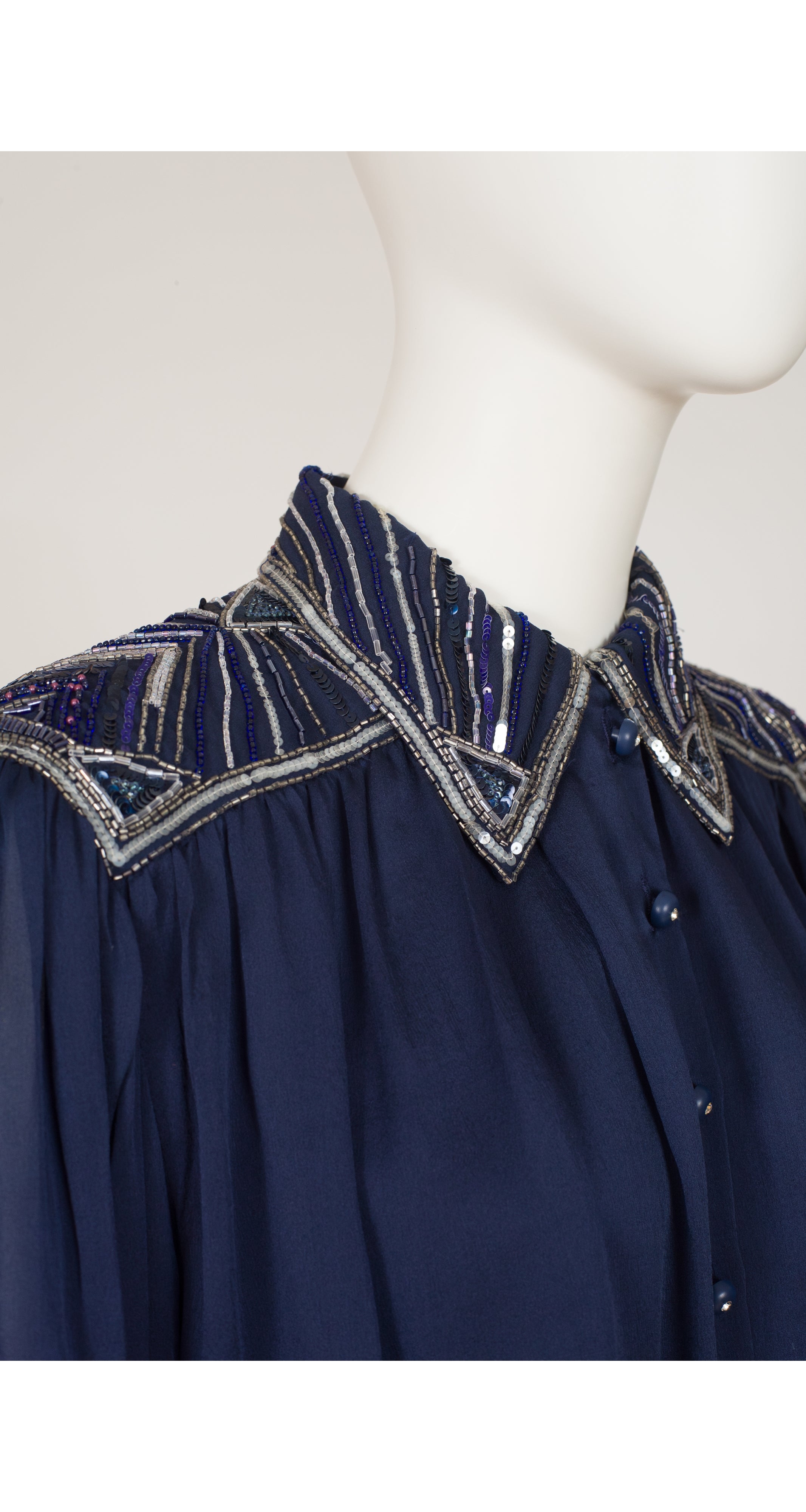 1980s Beaded Navy Silk Chiffon Evening Dress