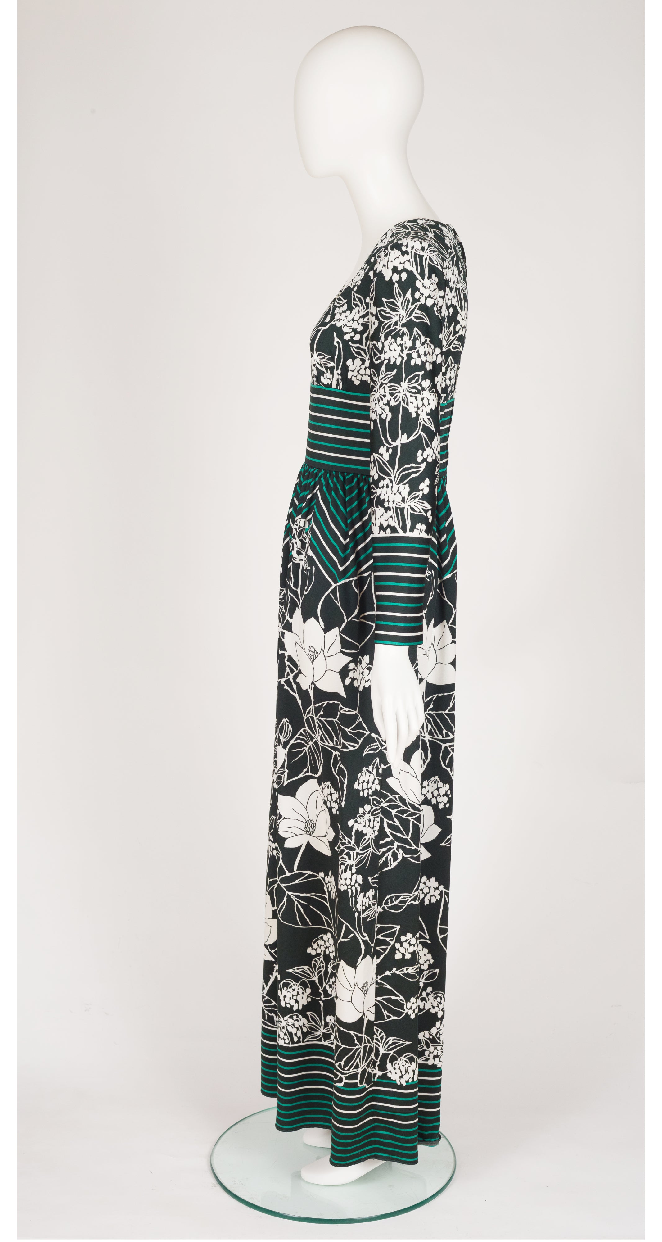 1970s Striped Floral Green Jersey Maxi Dress