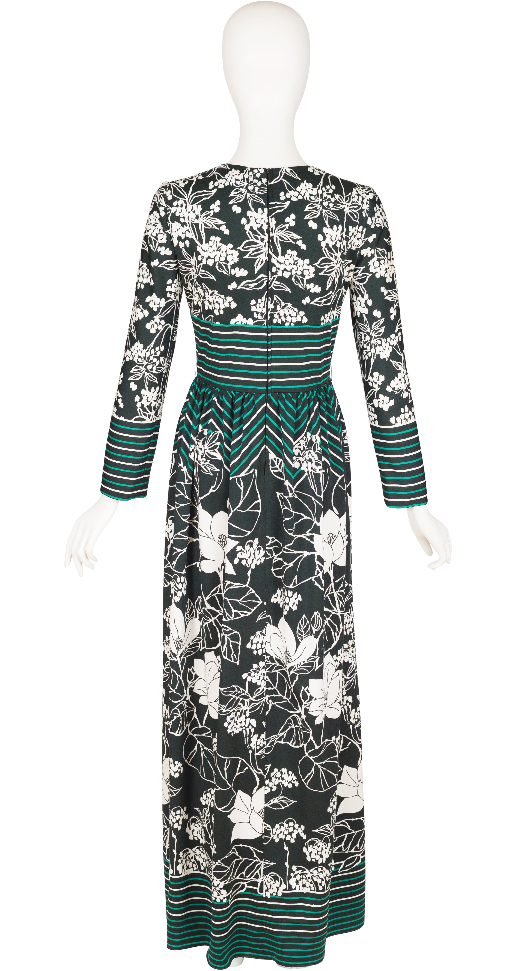 1970s Striped Floral Green Jersey Maxi Dress