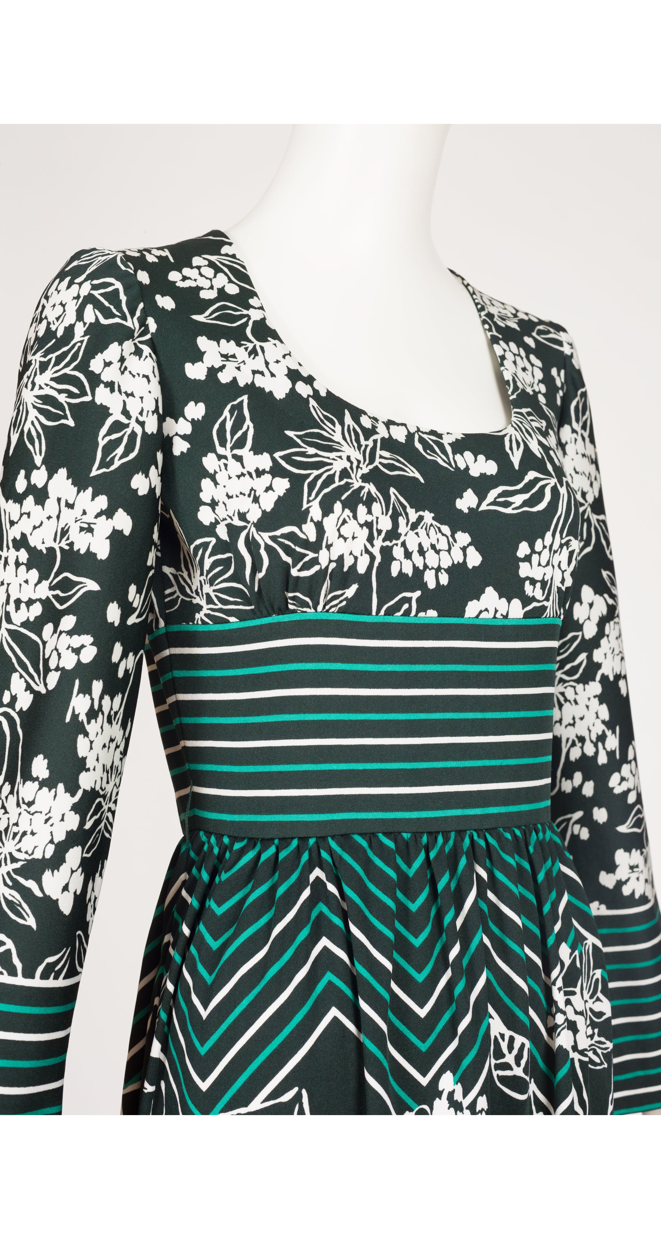 1970s Striped Floral Green Jersey Maxi Dress