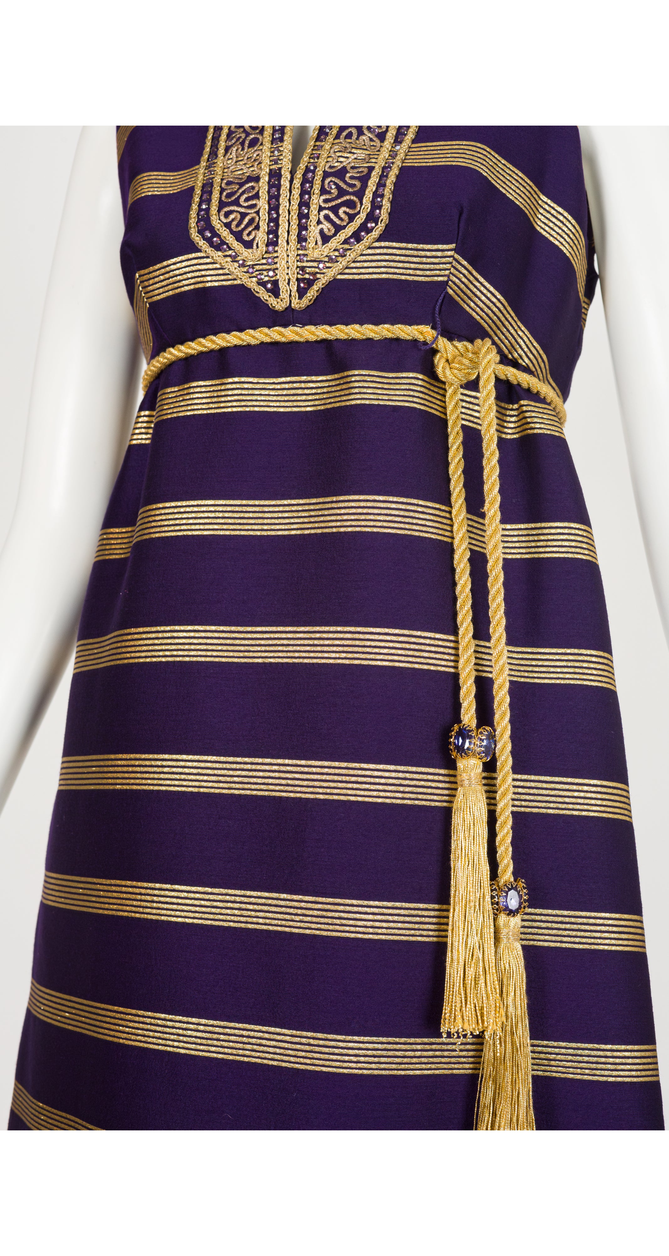 1960s Embellished Purple & Gold Empire Waist Evening Gown