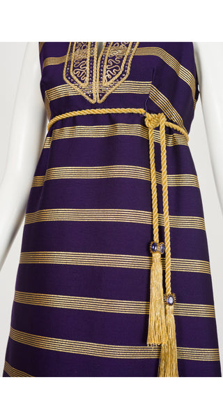 1960s Embellished Purple & Gold Empire Waist Evening Gown  Featherstone  Vintage
