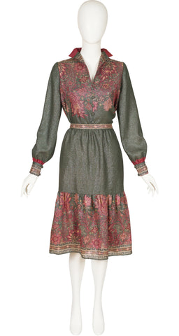 1970s Green Floral Lurex Wool Blouse & Skirt Set