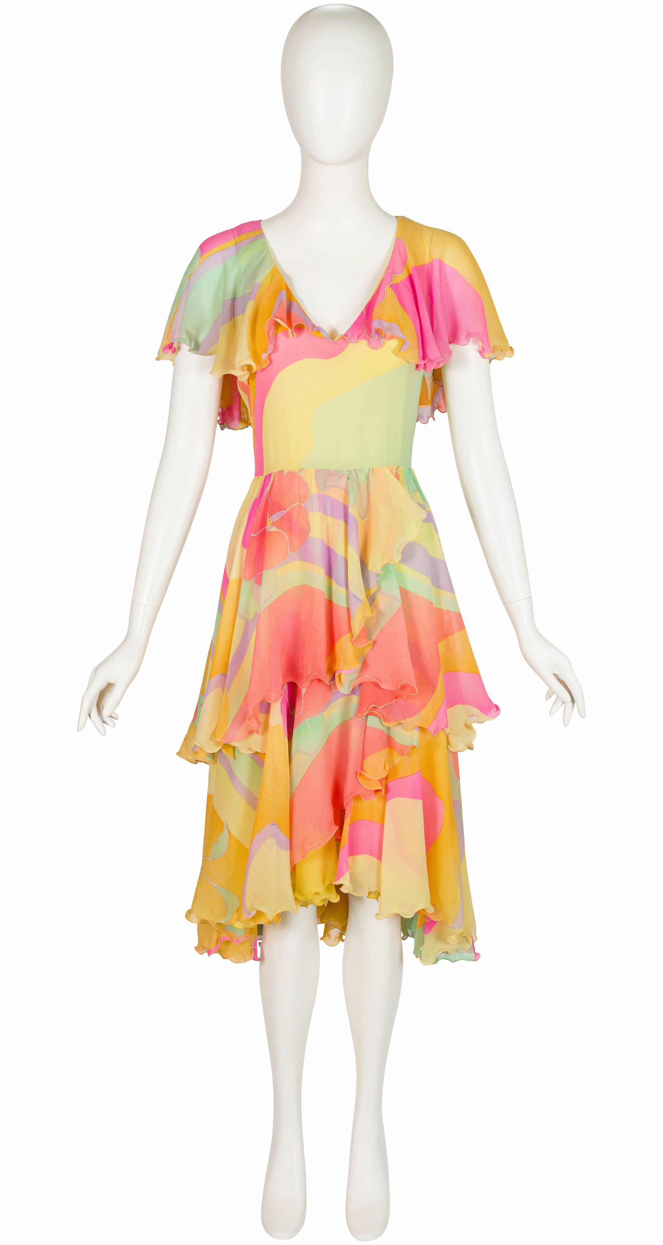 1981 Pastel Silk Chiffon Lettuce Hem Tiered Dress