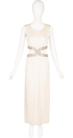 1967 Beaded Cut-Out Ivory Silk Evening Gown