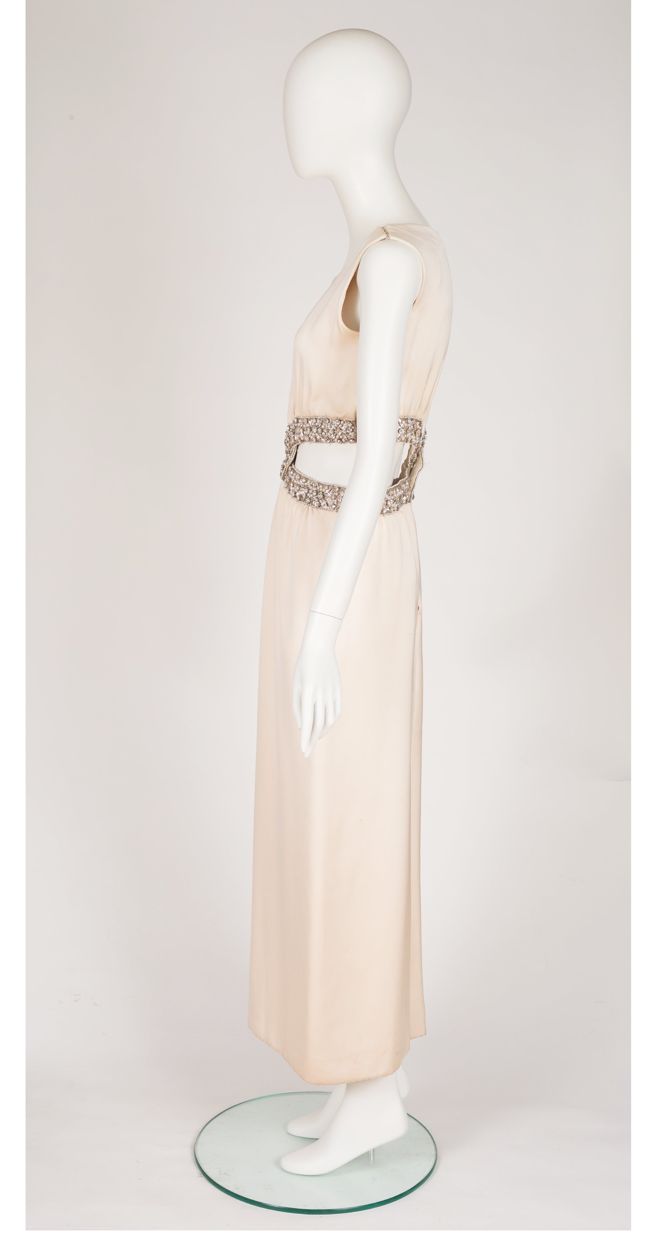 1967 Beaded Cut-Out Ivory Silk Evening Gown