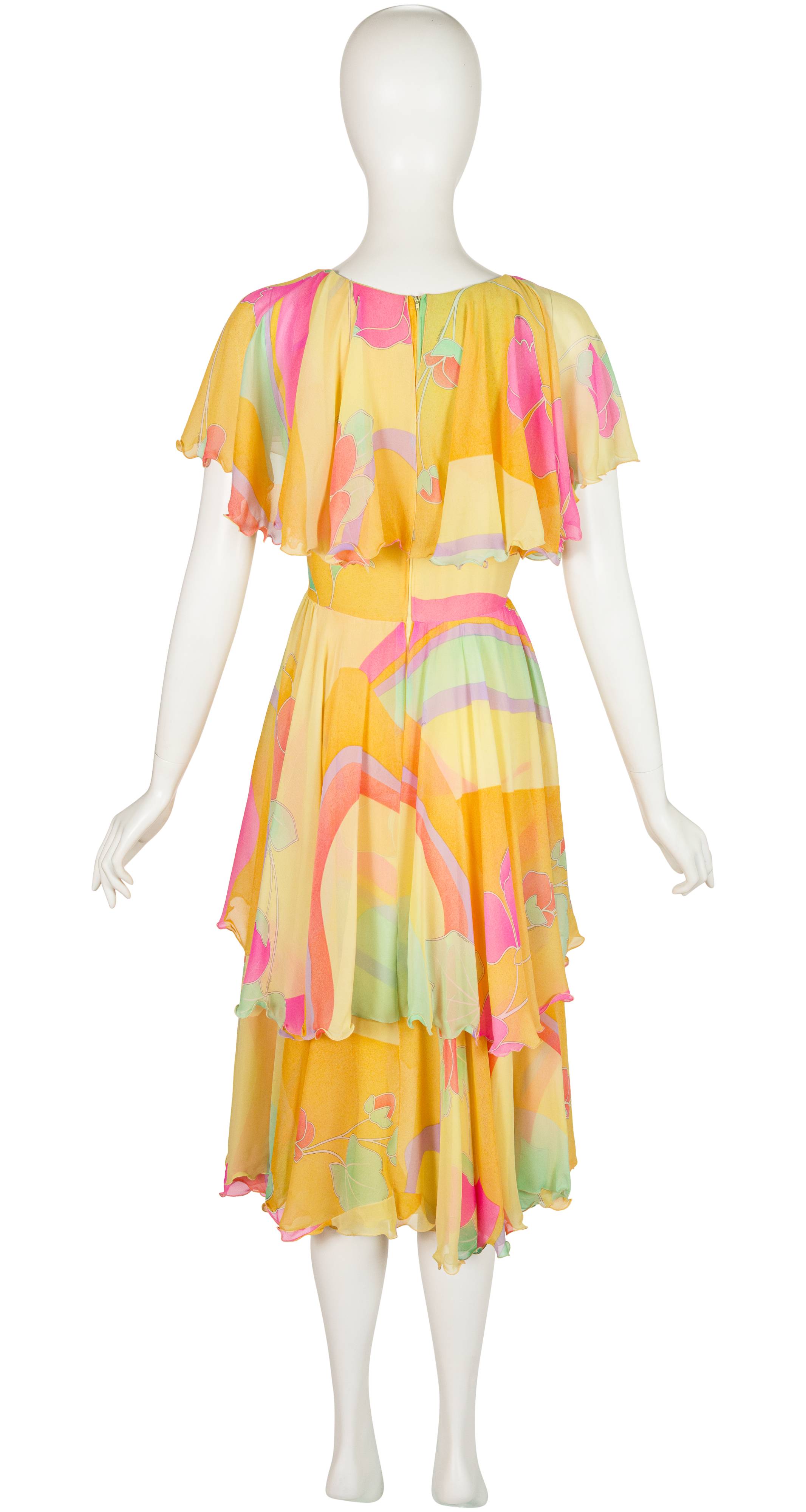 1981 Pastel Silk Chiffon Lettuce Hem Tiered Dress