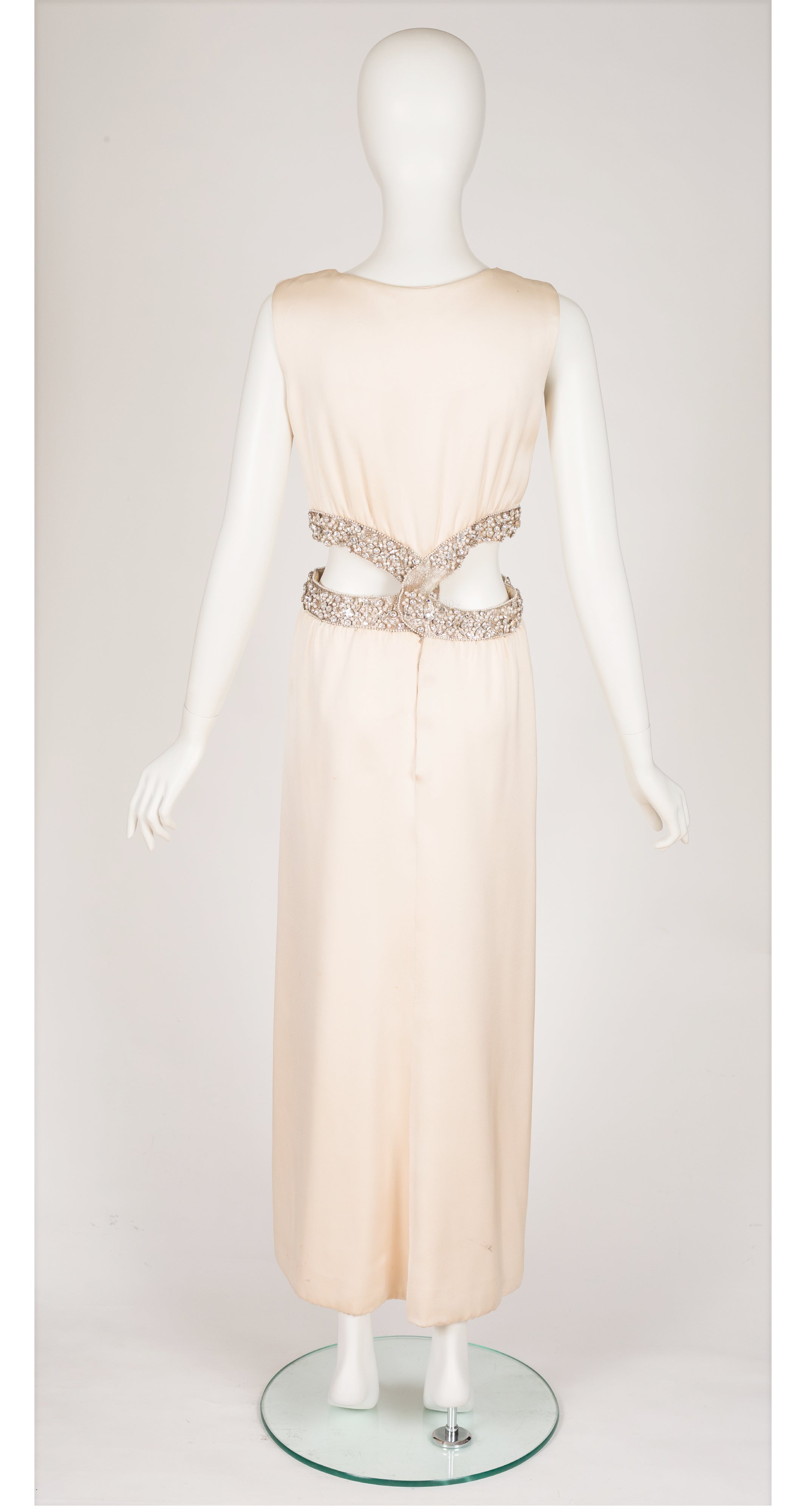 1967 Beaded Cut-Out Ivory Silk Evening Gown