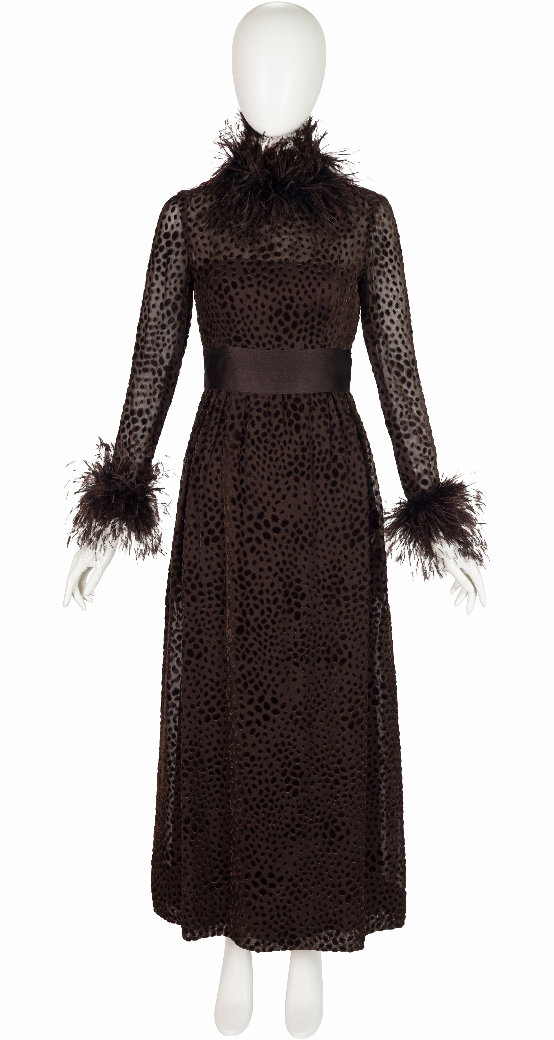 1970s Brown Polka Dot Devoré Feather Trim Gown