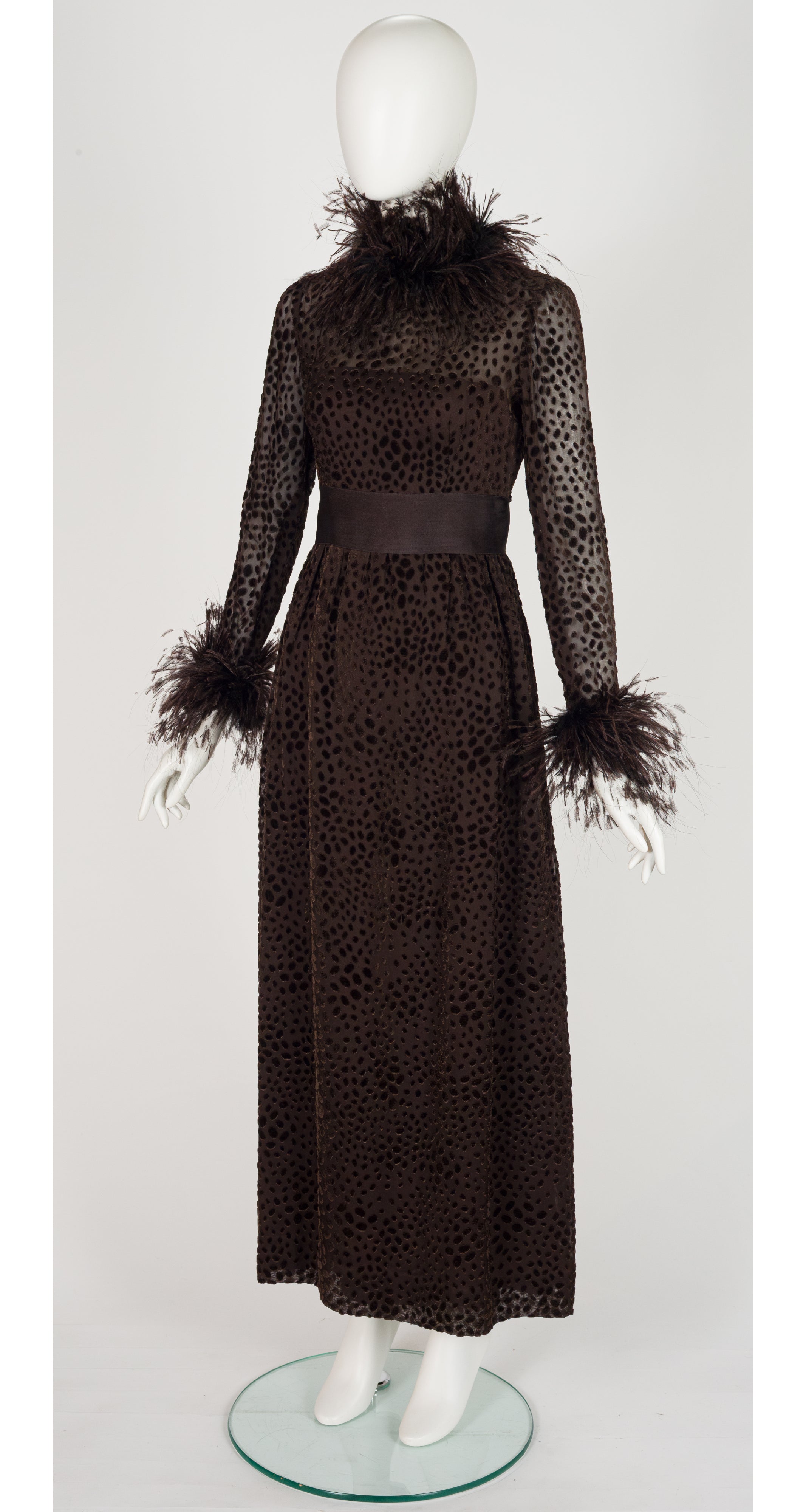 1970s Brown Polka Dot Devoré Feather Trim Gown