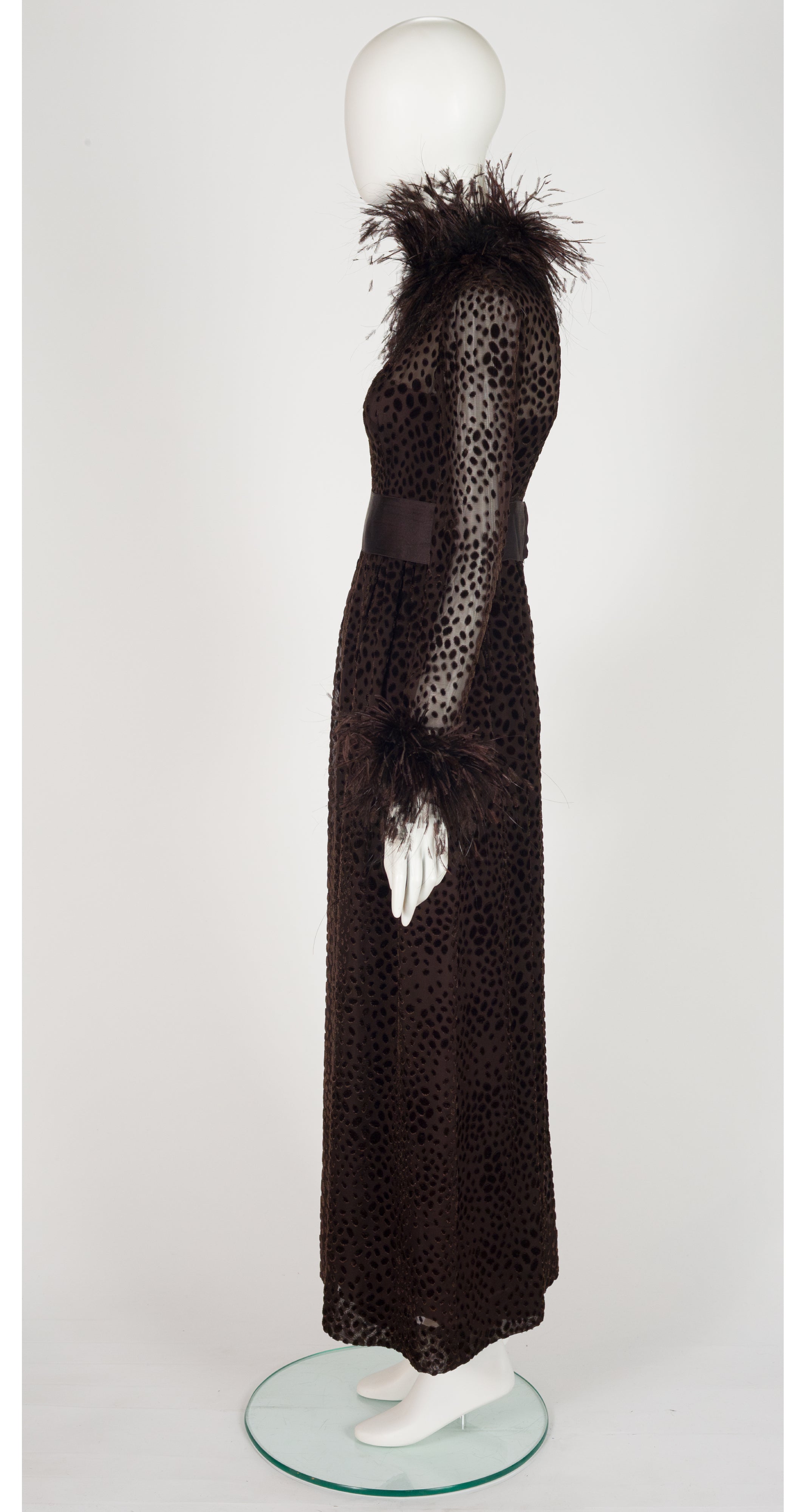 1970s Brown Polka Dot Devoré Feather Trim Gown