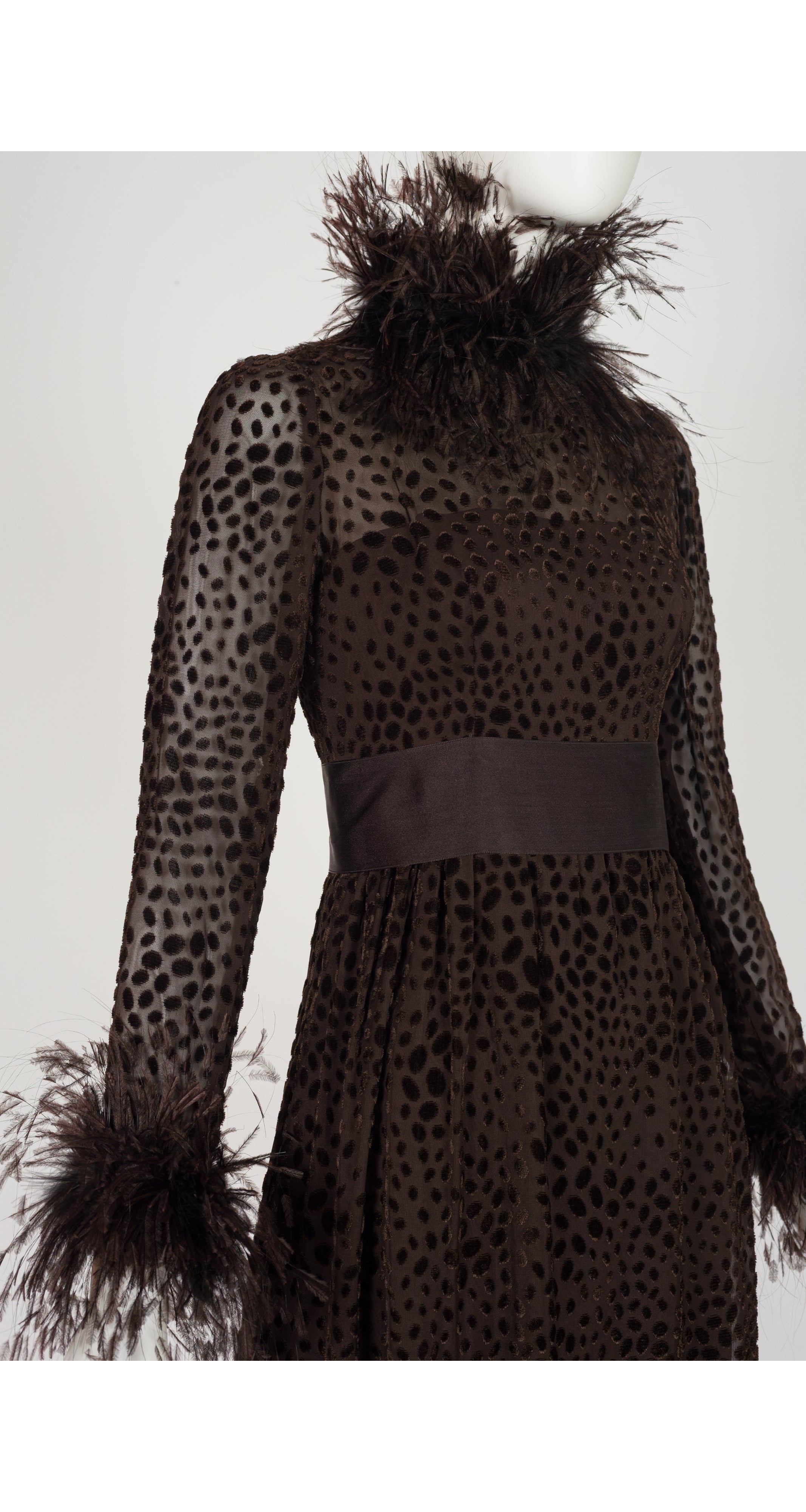1970s Brown Polka Dot Devoré Feather Trim Gown