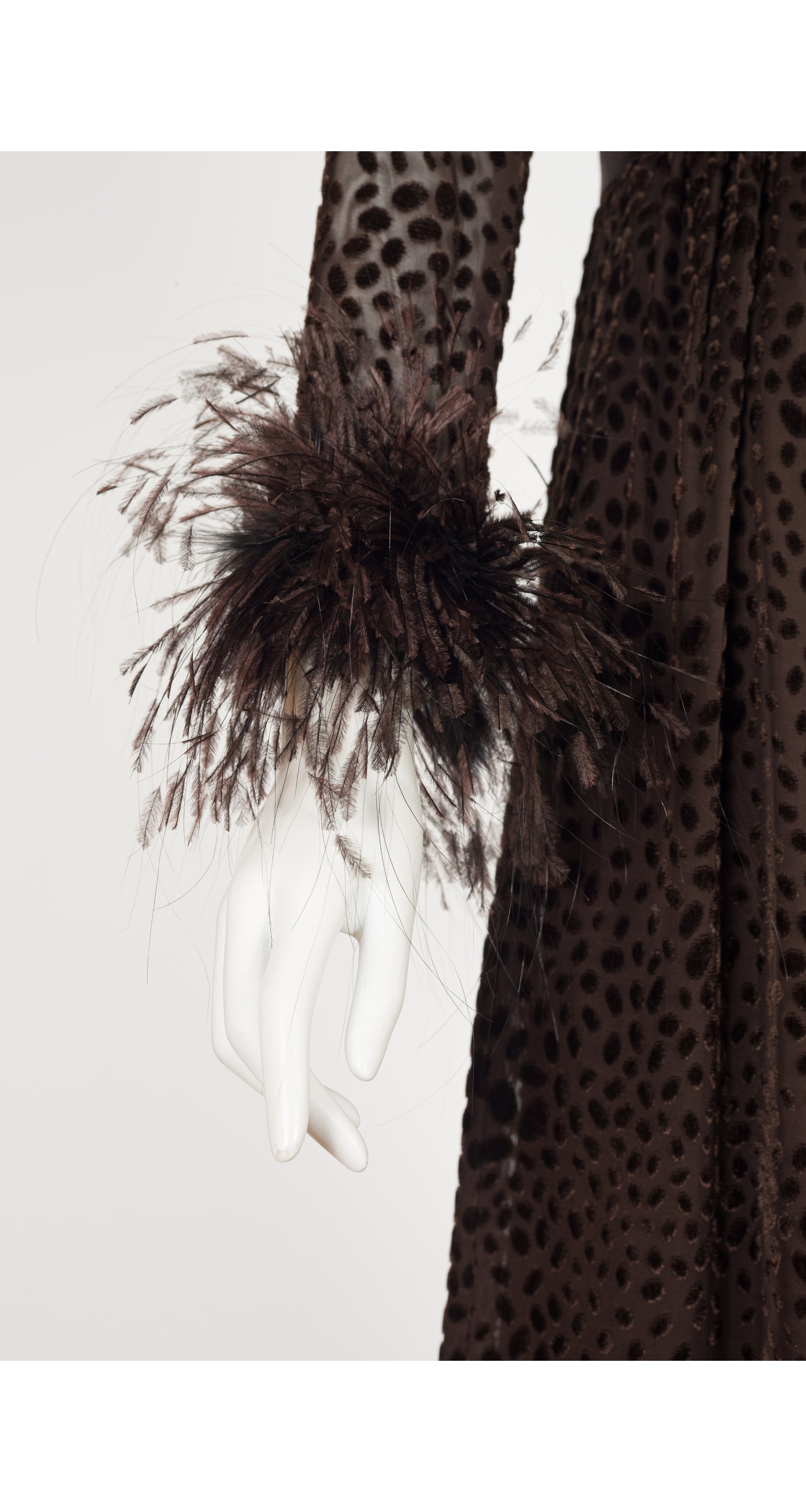 1970s Brown Polka Dot Devoré Feather Trim Gown