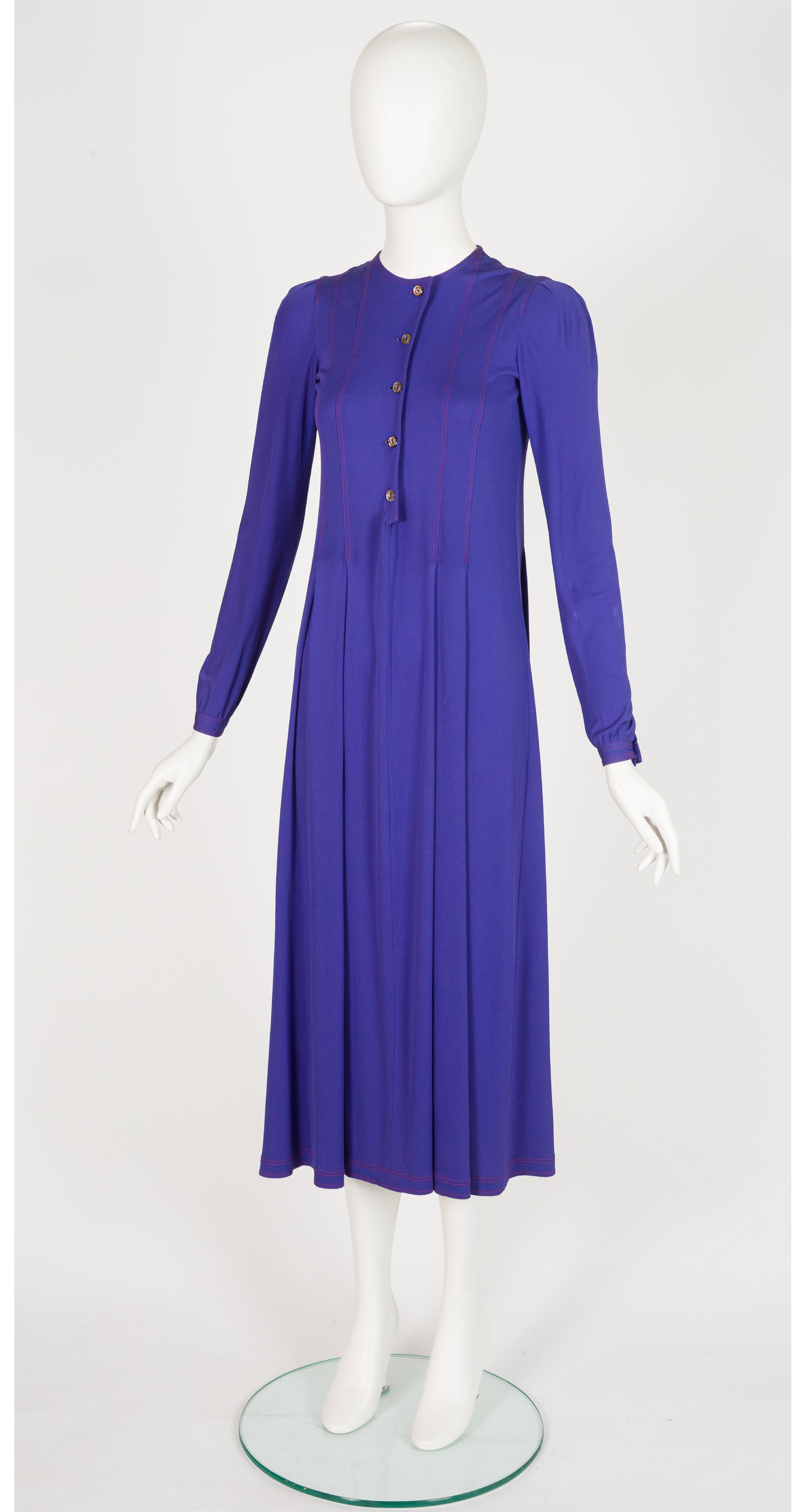 1970s Purple Rayon Jersey Long Sleeve Midi Dress