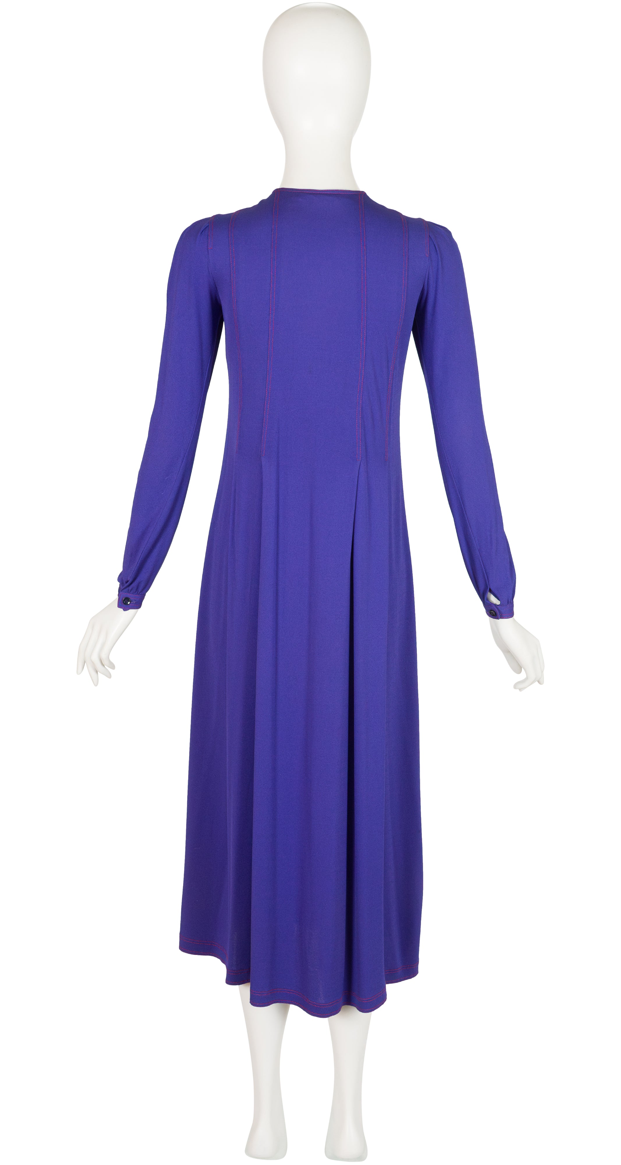 1970s Purple Rayon Jersey Long Sleeve Midi Dress