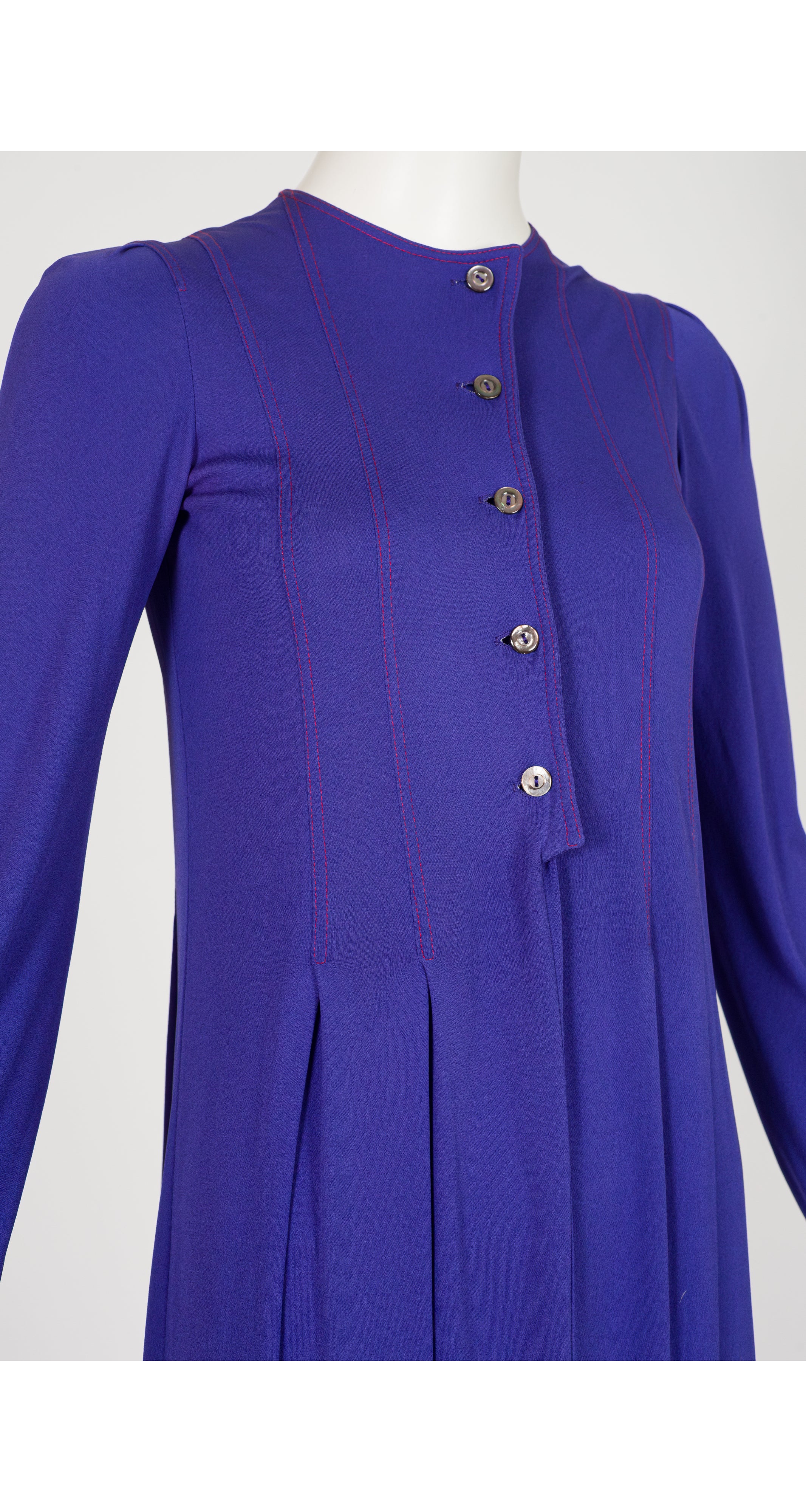 1970s Purple Rayon Jersey Long Sleeve Midi Dress