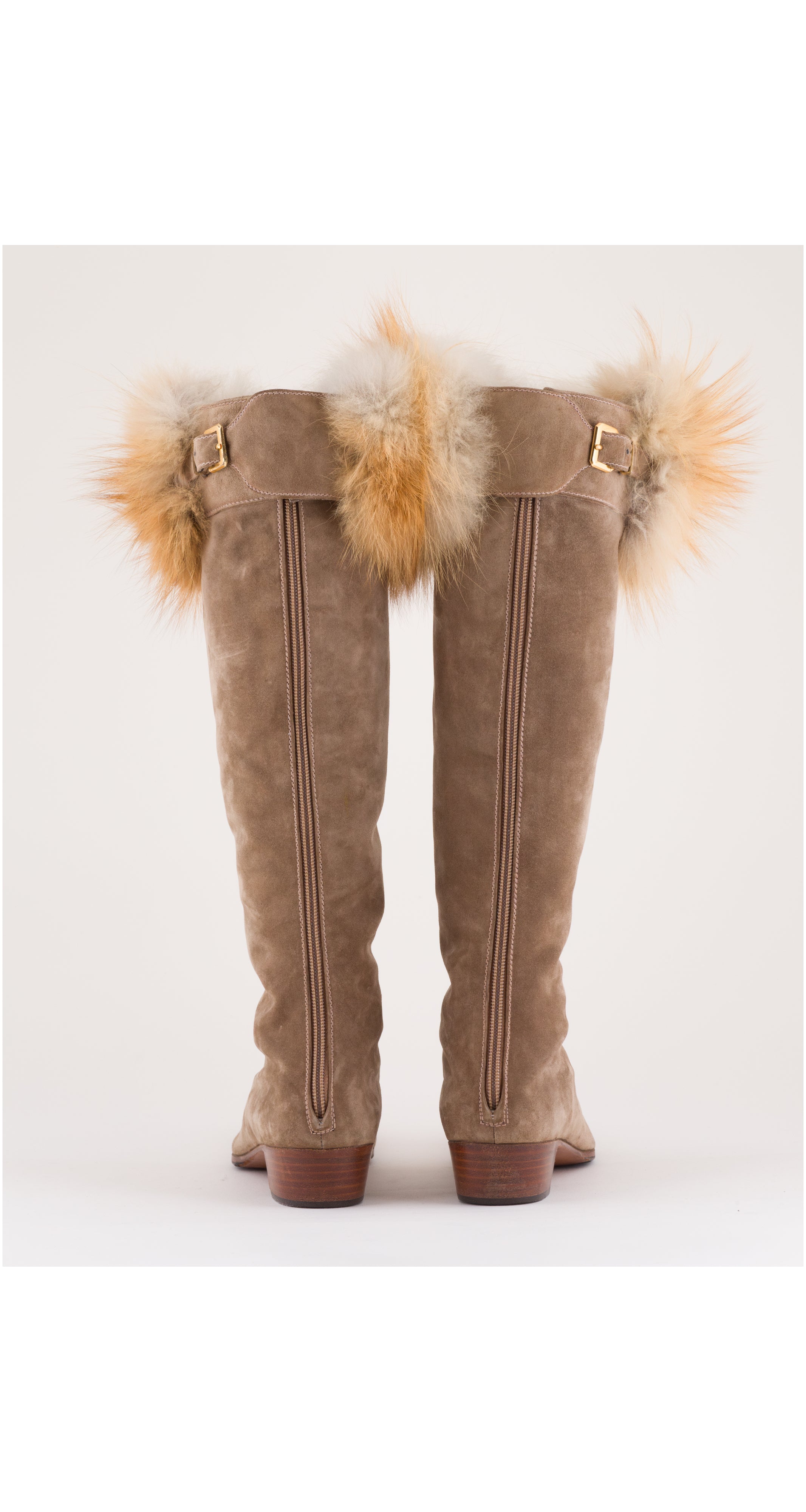 1970s Fox Fur Trim Beige Suede Knee-High Boots