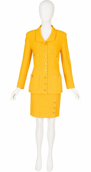 Chanel 1989 S/S Canary Yellow Wool Tweed Skirt Suit