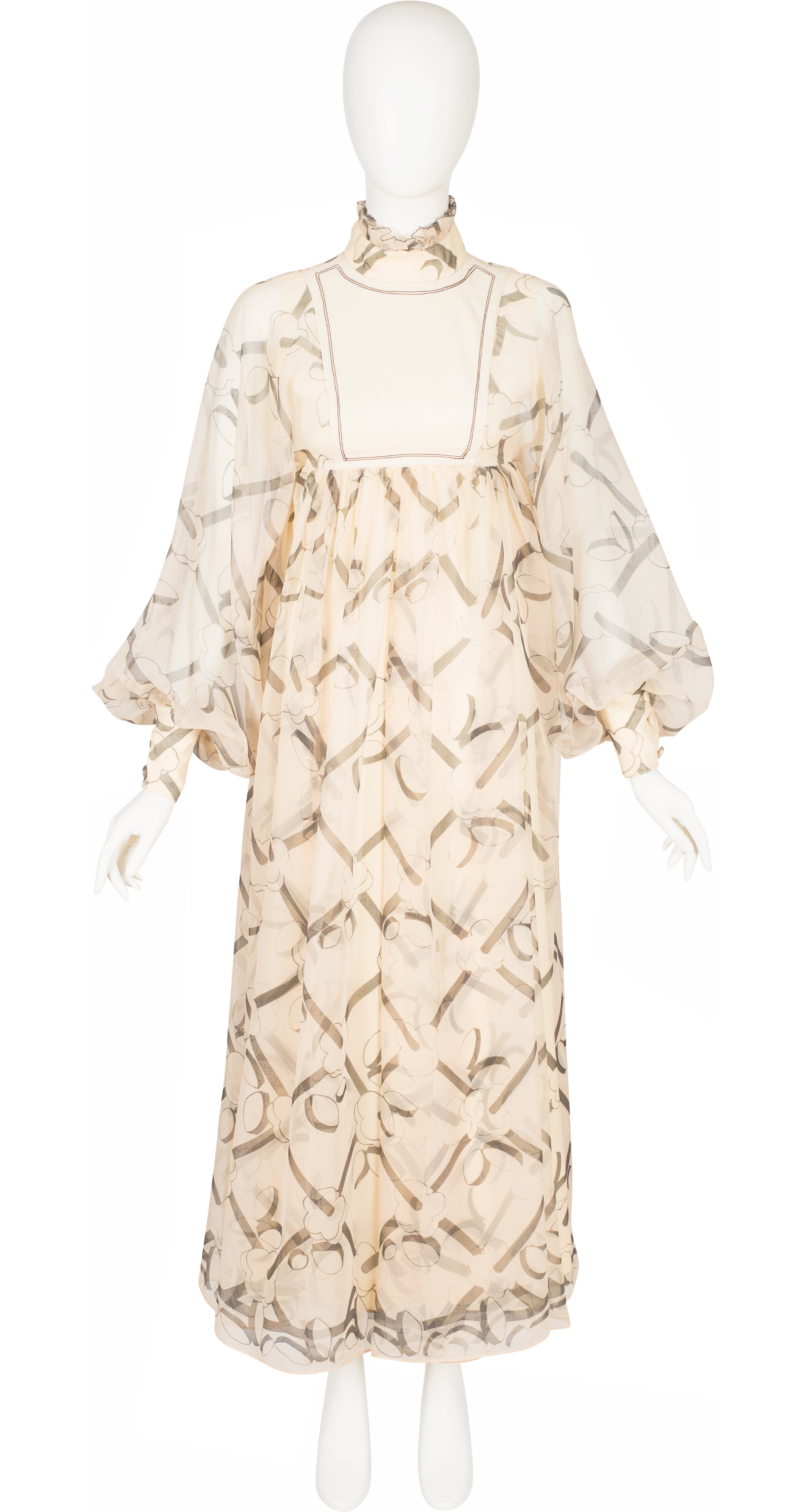 1972 Art Deco Print Cream Chiffon Balloon Sleeve Gown