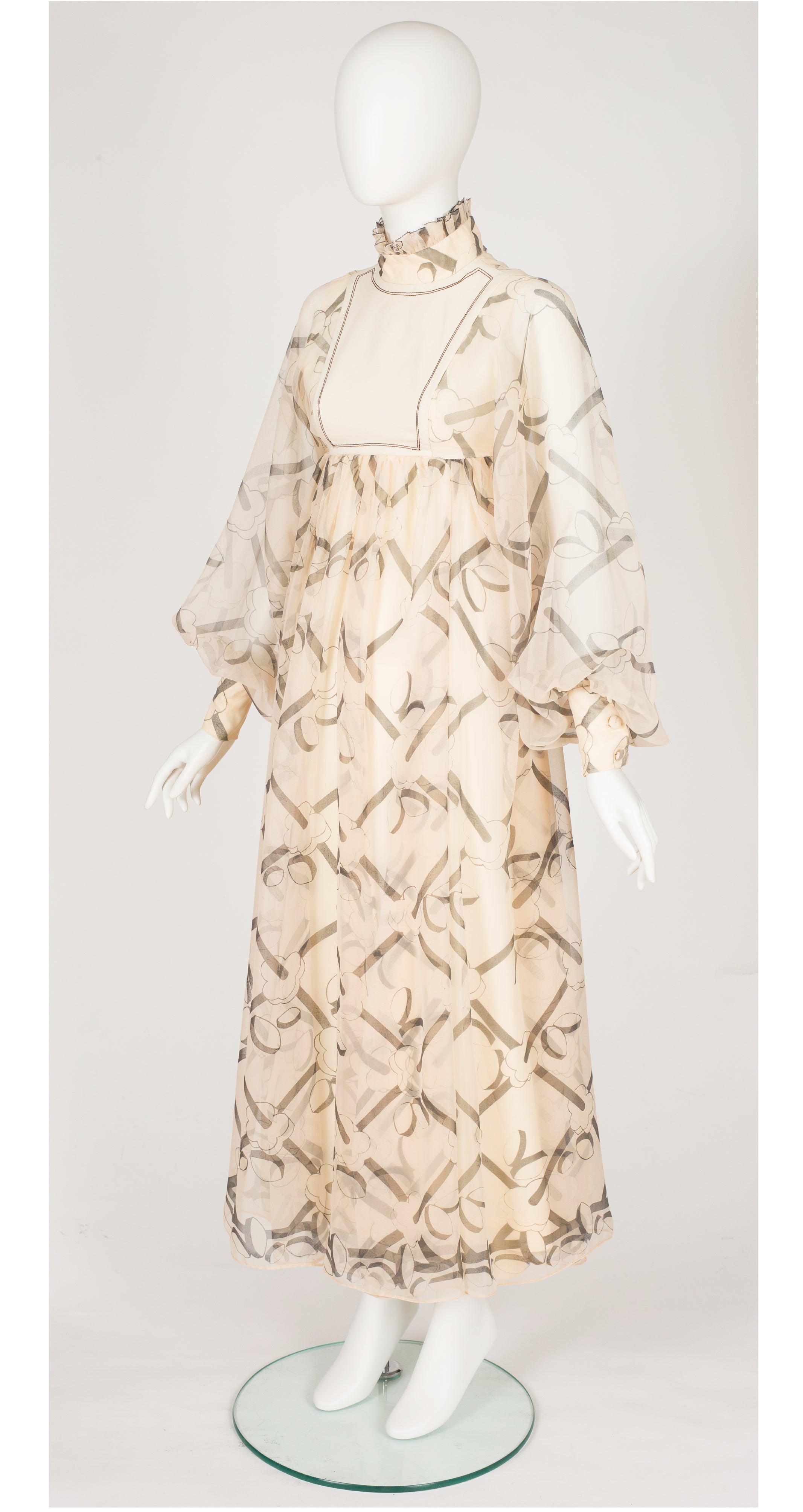 1972 Art Deco Print Cream Chiffon Balloon Sleeve Gown
