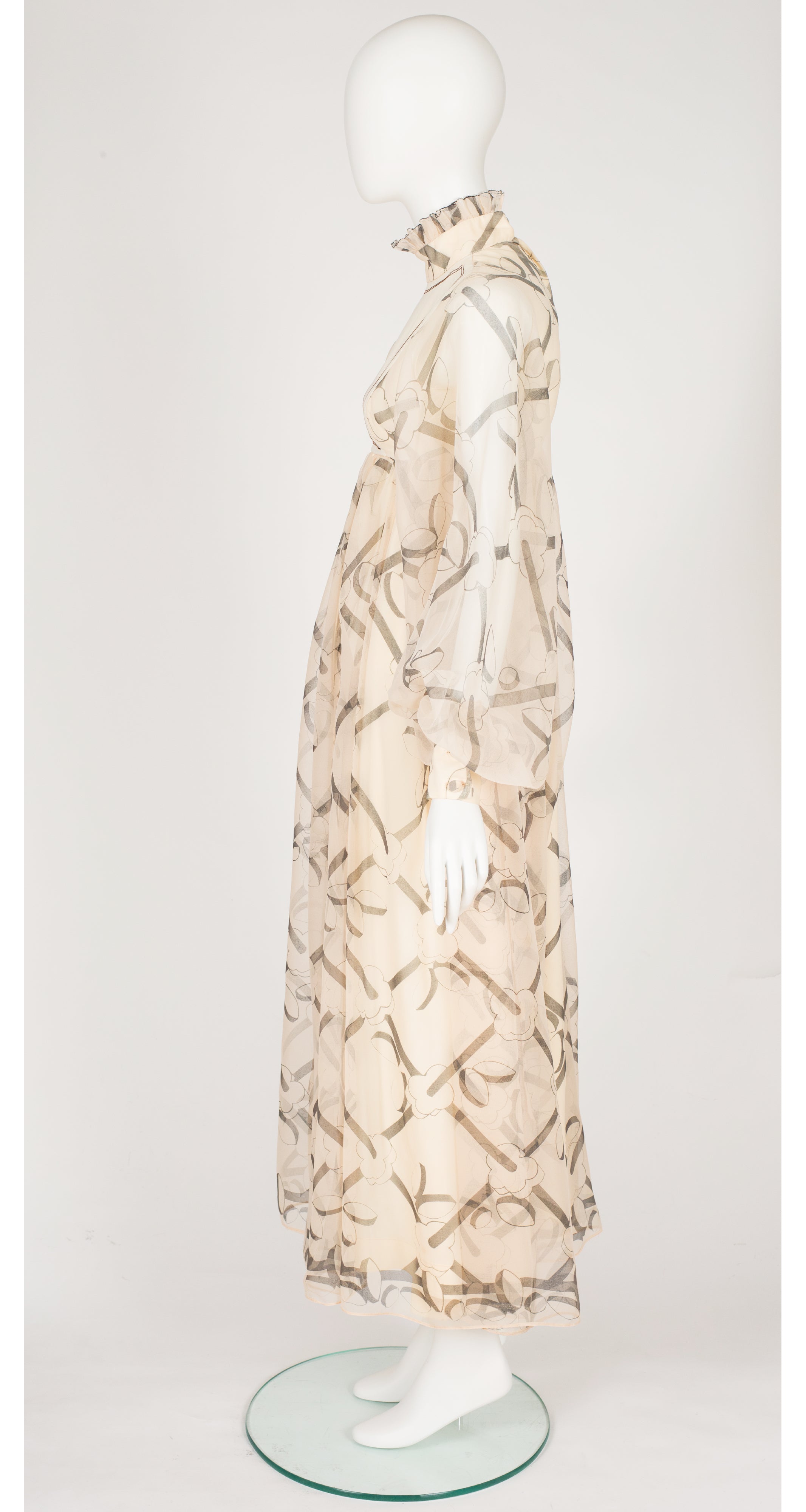 1972 Art Deco Print Cream Chiffon Balloon Sleeve Gown