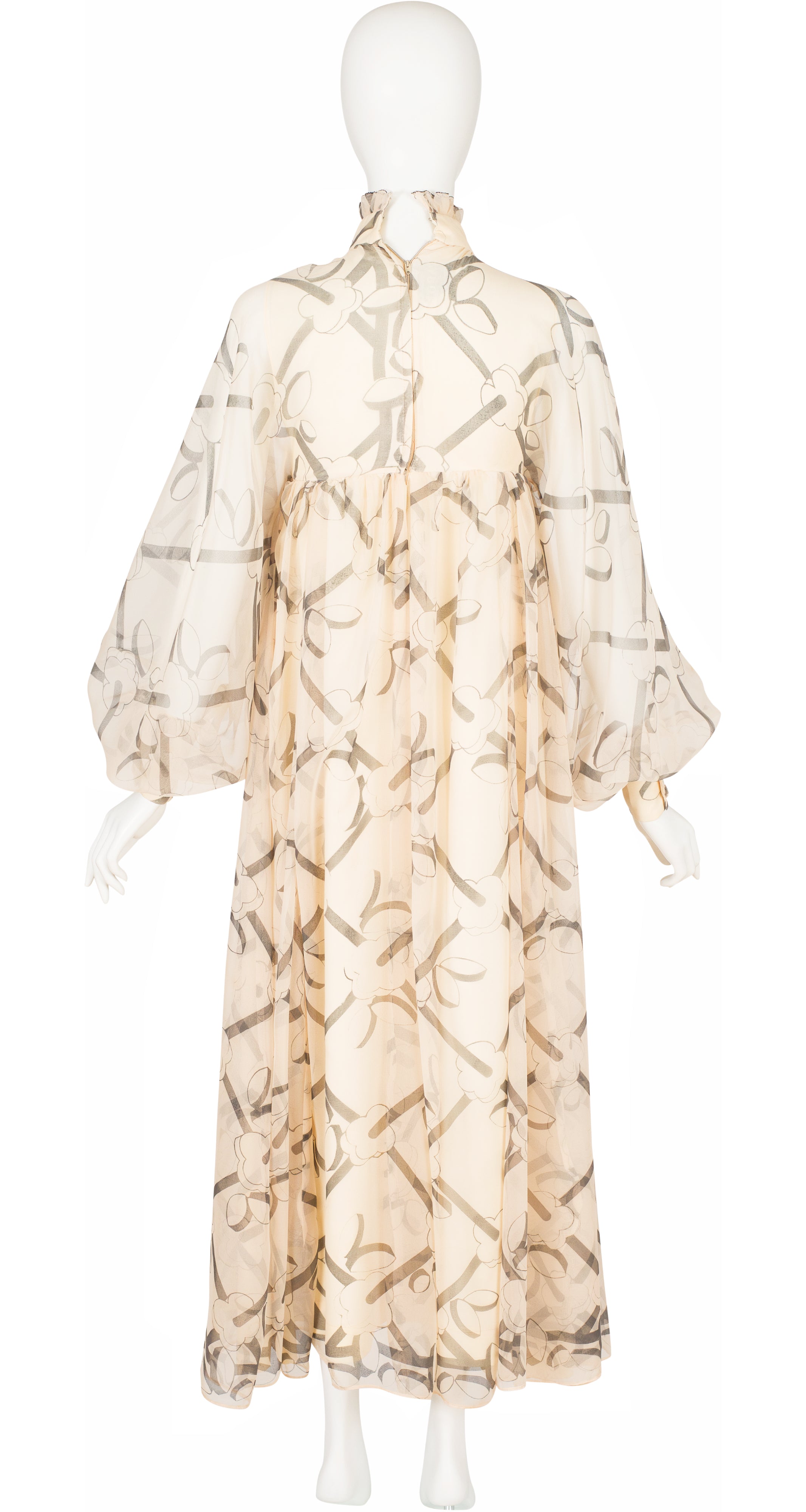 1972 Art Deco Print Cream Chiffon Balloon Sleeve Gown