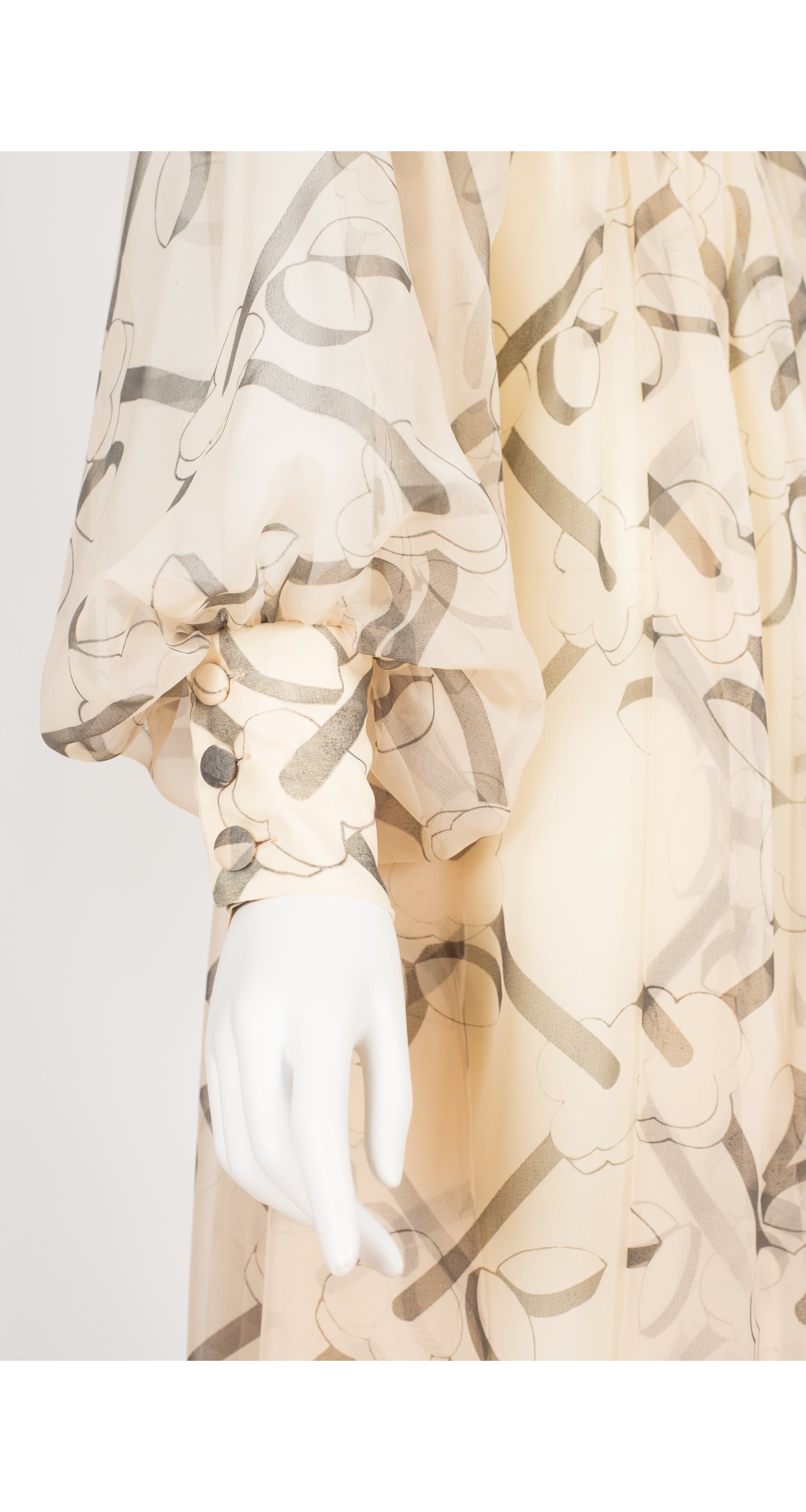 1972 Art Deco Print Cream Chiffon Balloon Sleeve Gown
