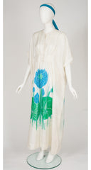 1970s Water Lily Print White Thai Silk Caftan Dress