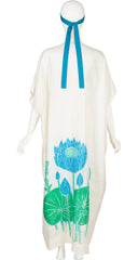 1970s Water Lily Print White Thai Silk Caftan Dress